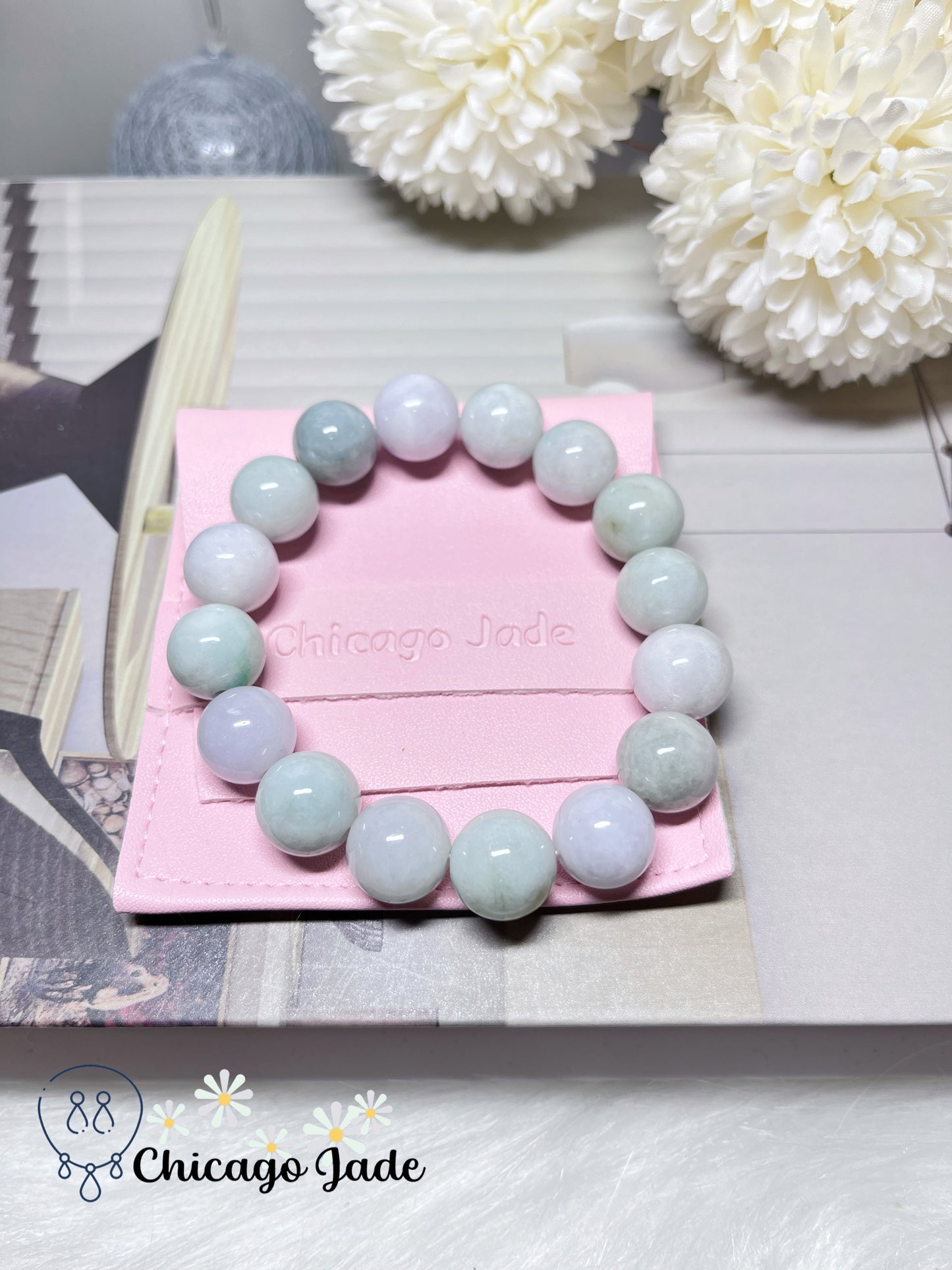 Large Snow White Smooth Porcelain Base Natural Jadeite Jade Feicui Beaded Bracelet Stretchable