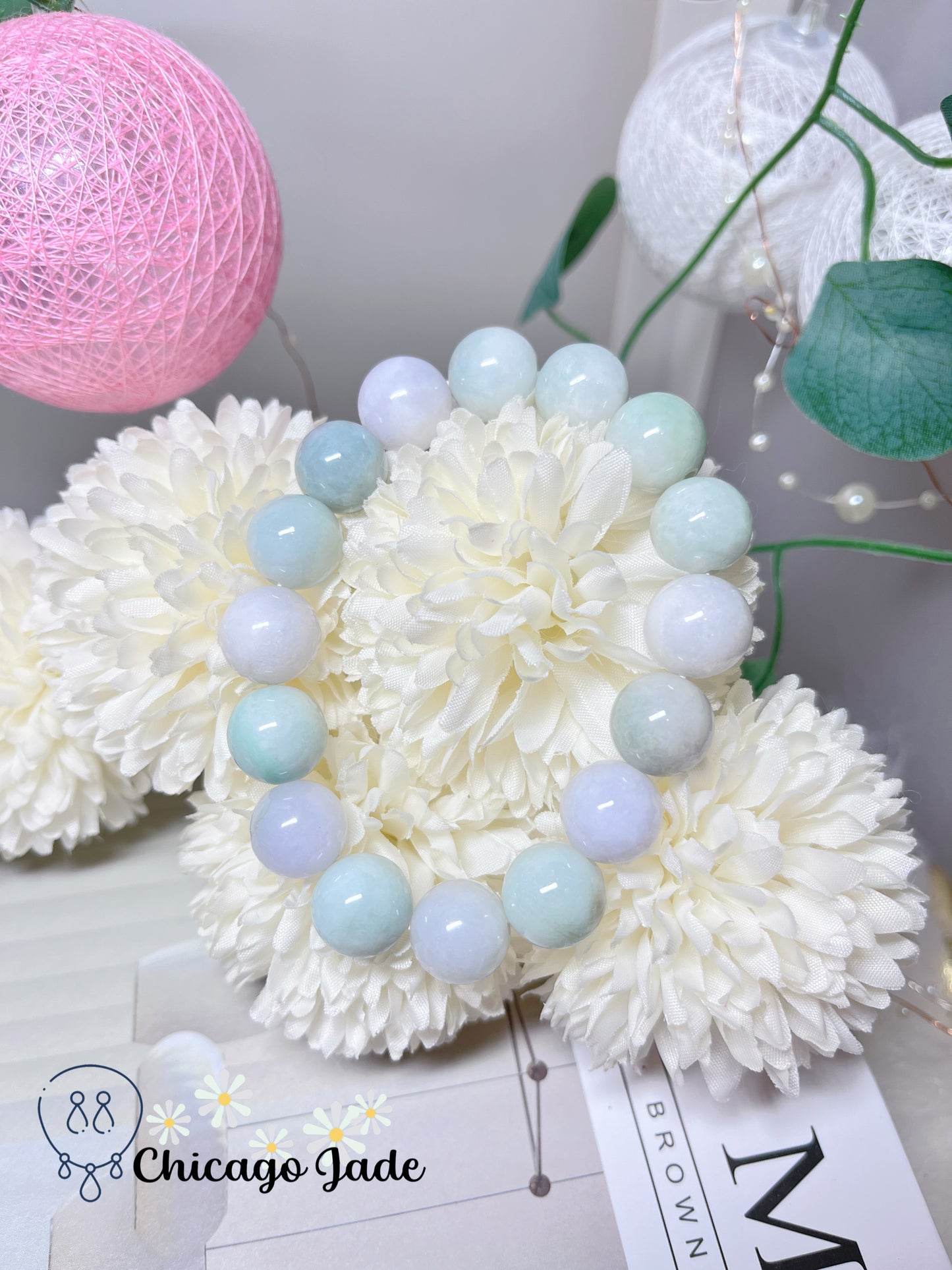 Large Snow White Smooth Porcelain Base Natural Jadeite Jade Feicui Beaded Bracelet Stretchable