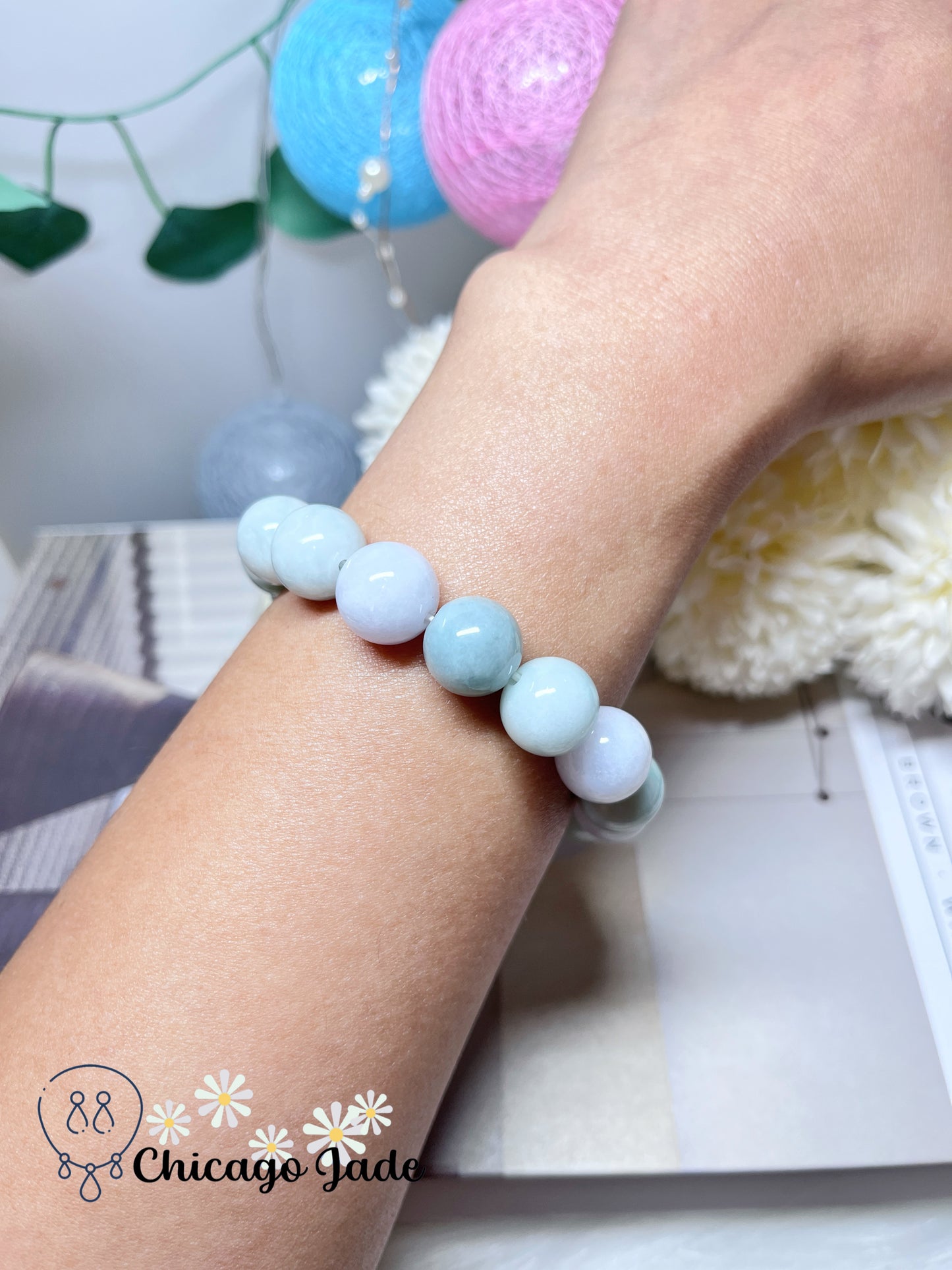 Large Snow White Smooth Porcelain Base Natural Jadeite Jade Feicui Beaded Bracelet Stretchable