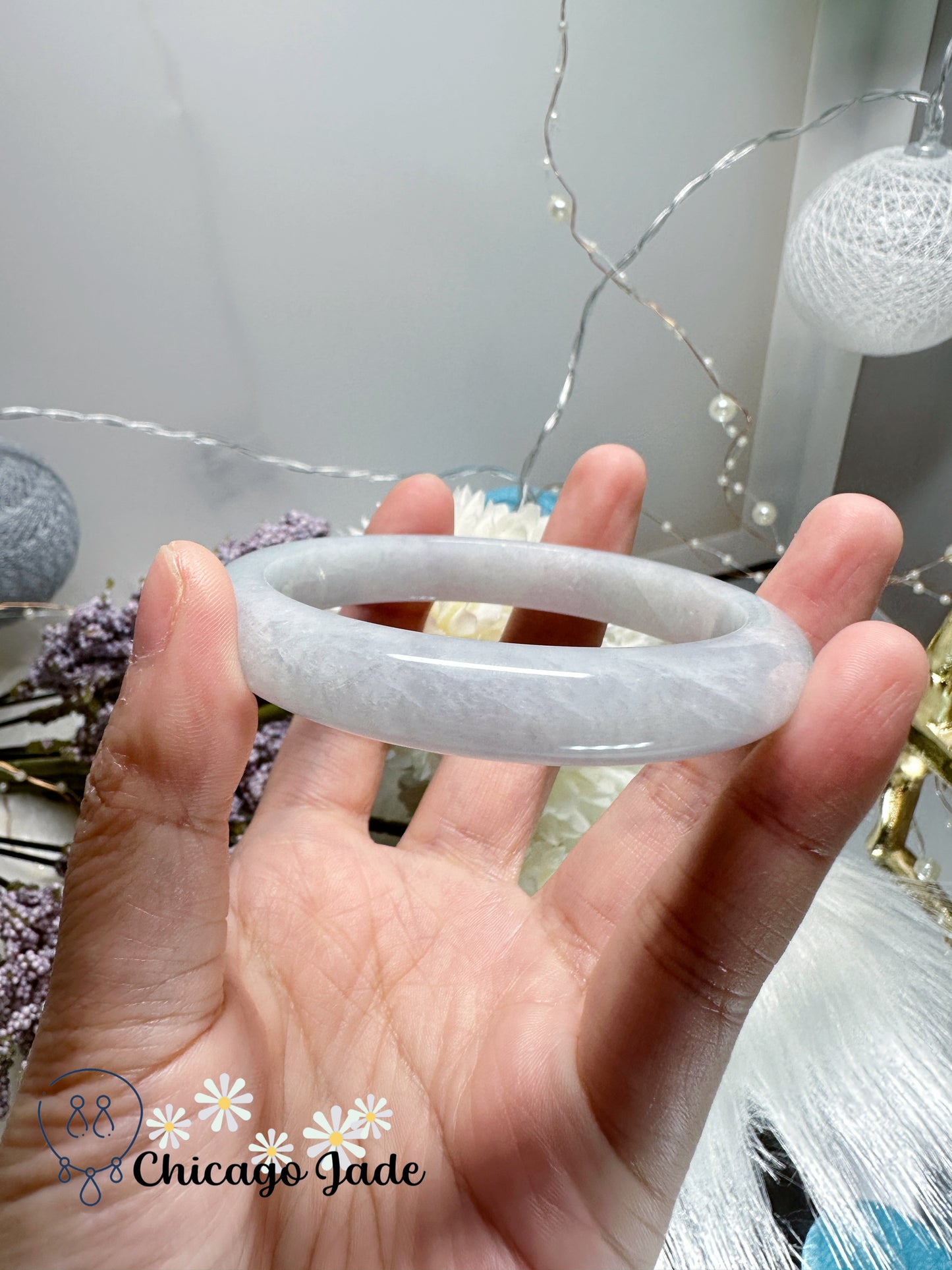 Soft white with hint of pink and blue flat inside jadeite jade feicui bangle natural untreated certified Burma