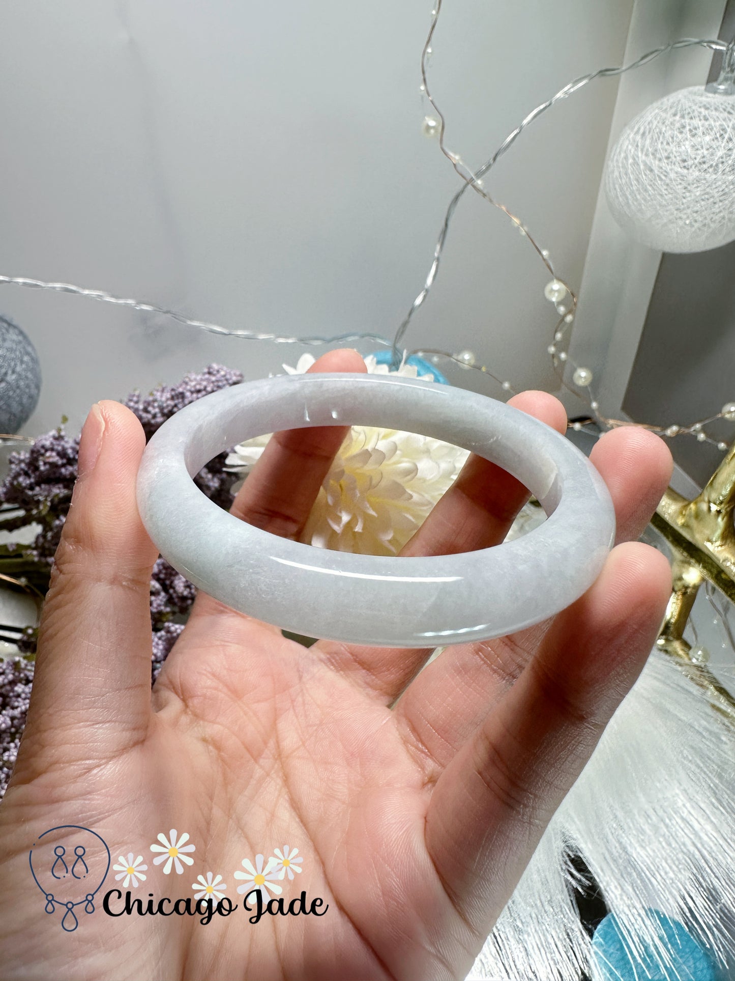 Soft white with hint of pink and blue flat inside jadeite jade feicui bangle natural untreated certified Burma