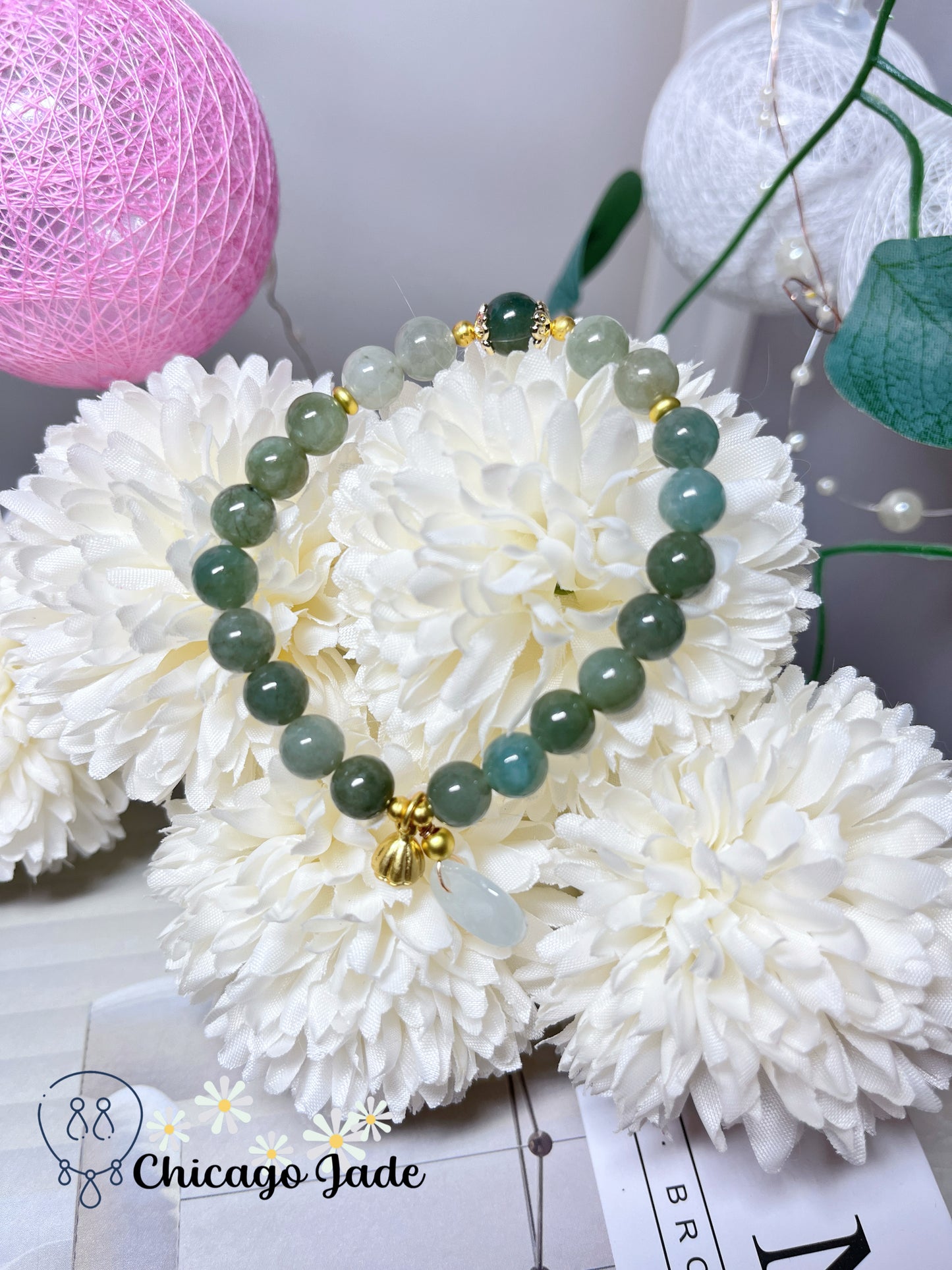 Lake Green Natural Jadeite Jade Feicui Beaded Bracelet Stretchable with Matching Dangle