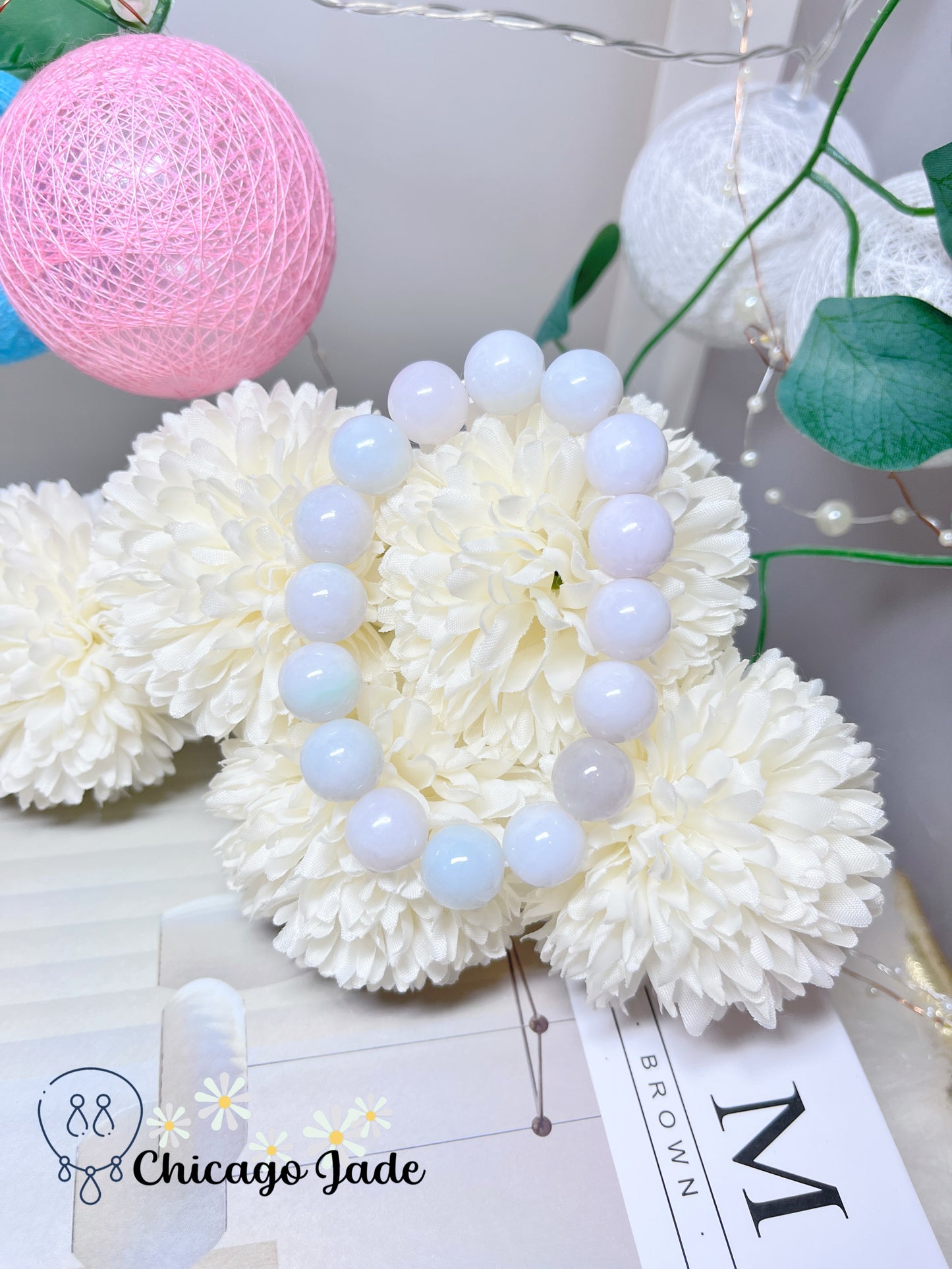 Snow White Large Round Jadeite Jade Feicui Beaded Bracelet Stretchable