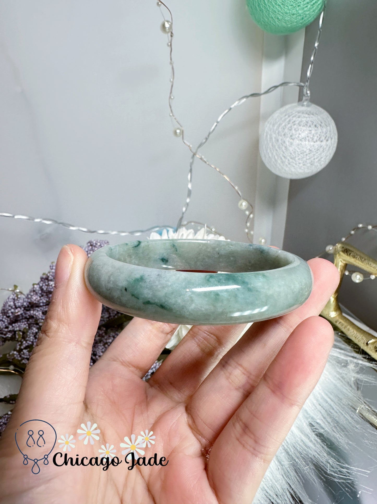 Oval shaped blue base with green floating flowers flat inside jadeite jade feicui bangle natural certified untreated handmade Burma