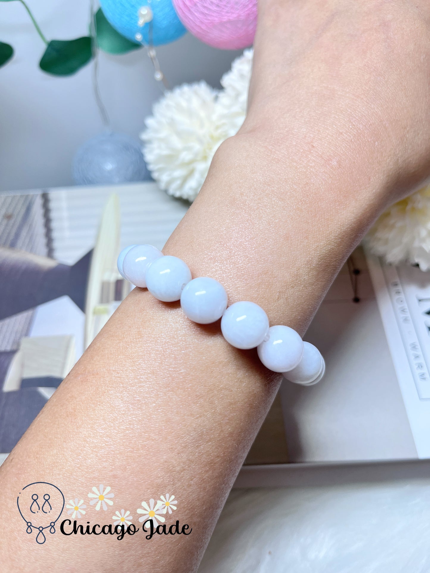 Snow White Large Round Jadeite Jade Feicui Beaded Bracelet Stretchable