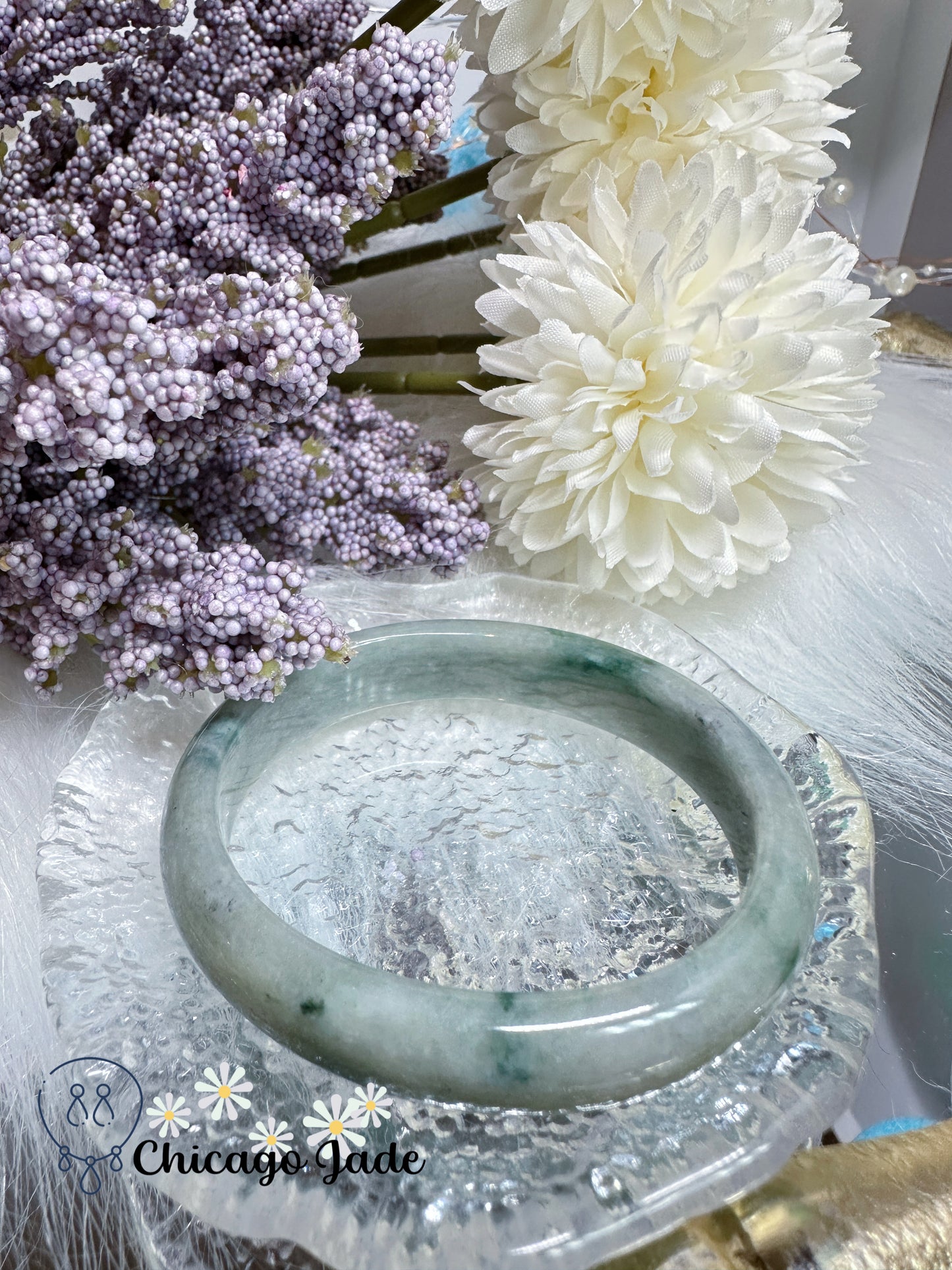 Oval shaped blue base with green floating flowers flat inside jadeite jade feicui bangle natural certified untreated handmade Burma