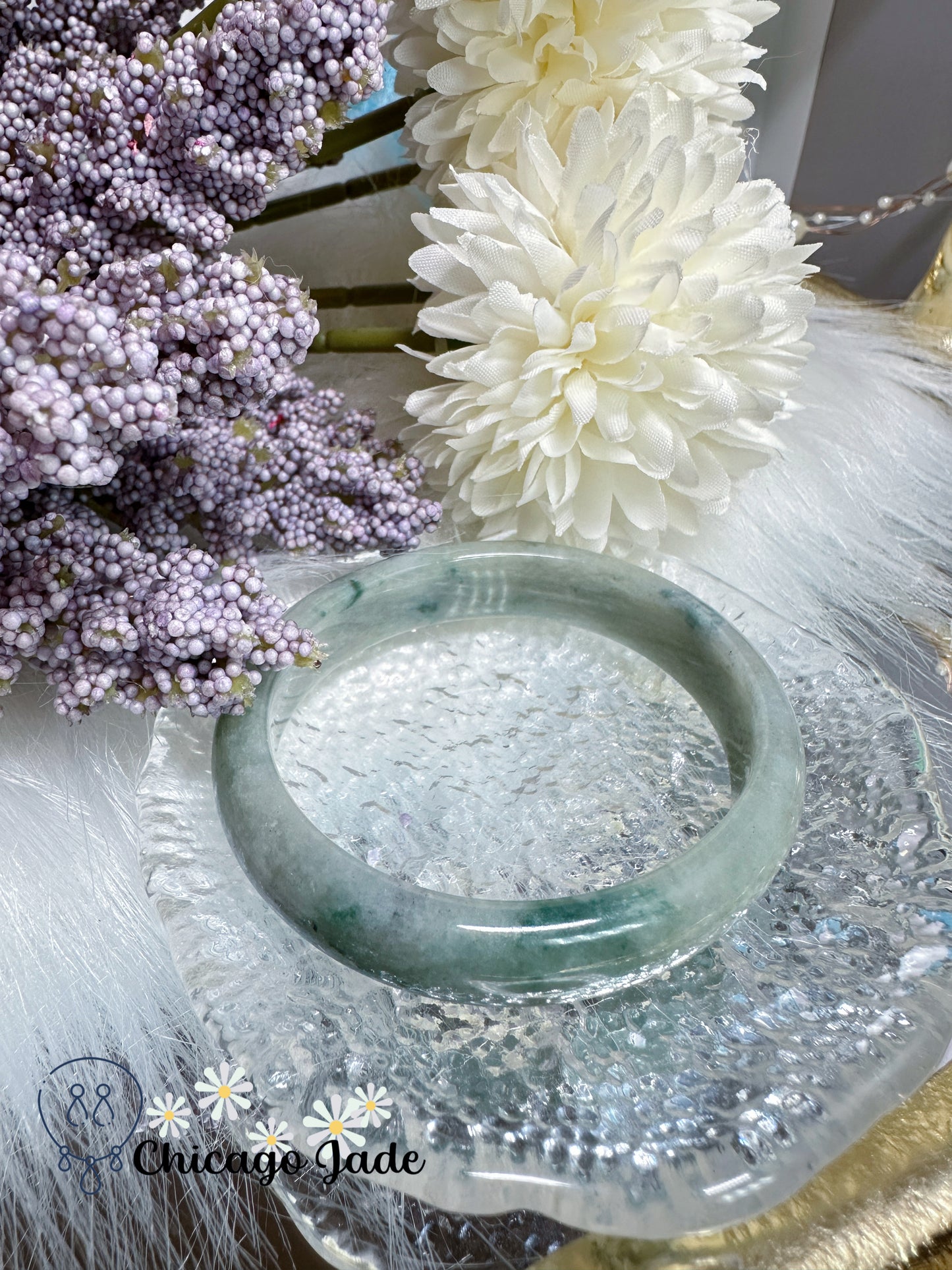 Oval shaped blue base with green floating flowers flat inside jadeite jade feicui bangle natural certified untreated handmade Burma