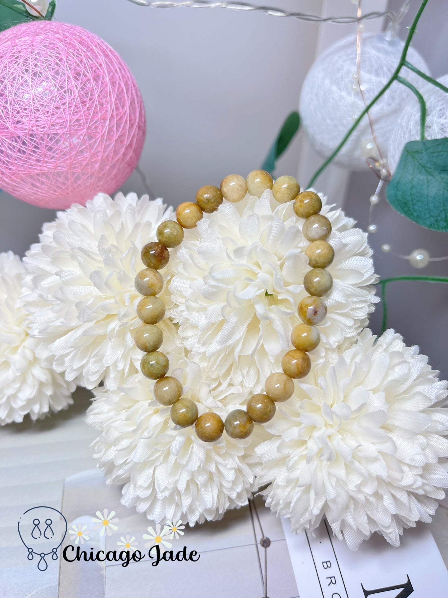 Sweet Lemon Yellow Round Jadeite Jade Feicui Beaded Bracelet Stretchable