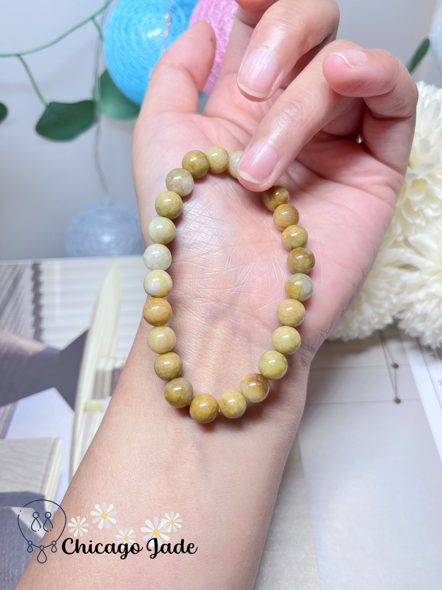 Sweet Lemon Yellow Round Jadeite Jade Feicui Beaded Bracelet Stretchable