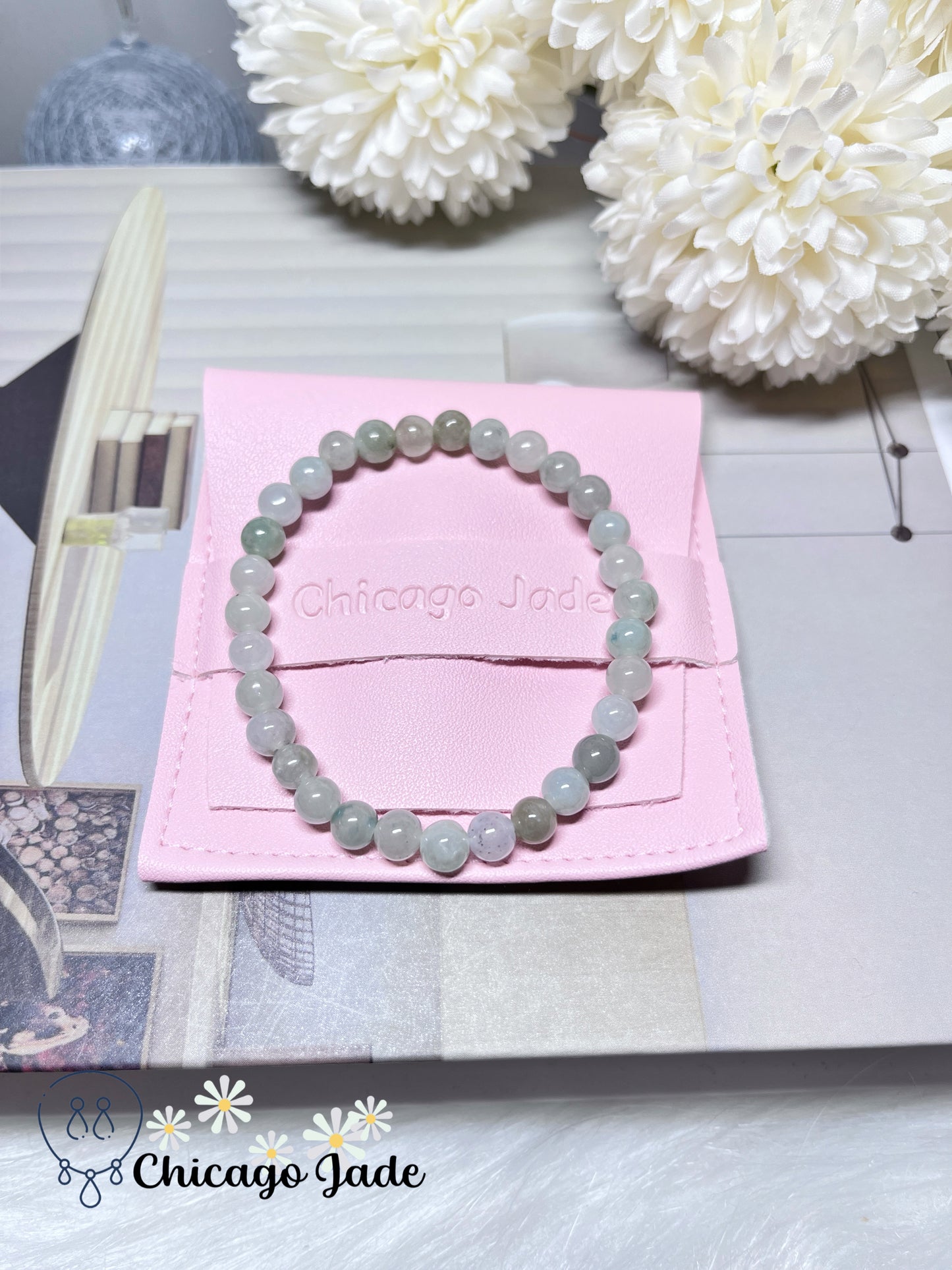 Translucent Icy Moonlight Round Jadeite Jade Feicui Beaded Bracelet Adjustable Stretchable