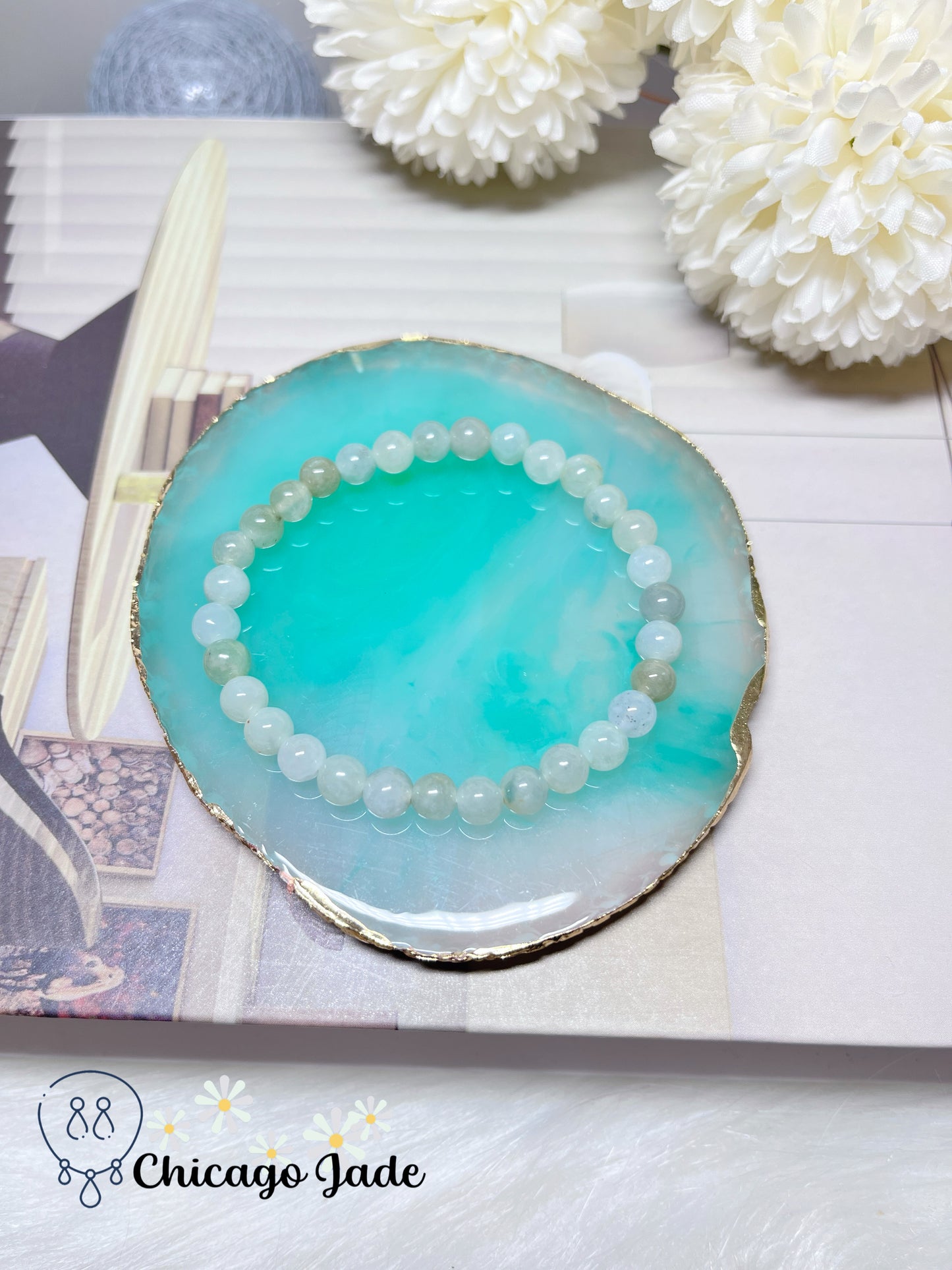 Translucent Icy Moonlight Round Jadeite Jade Feicui Beaded Bracelet Adjustable Stretchable