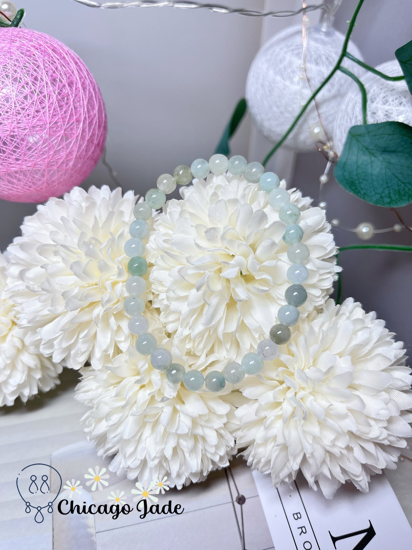 Translucent Icy Moonlight Round Jadeite Jade Feicui Beaded Bracelet Adjustable Stretchable