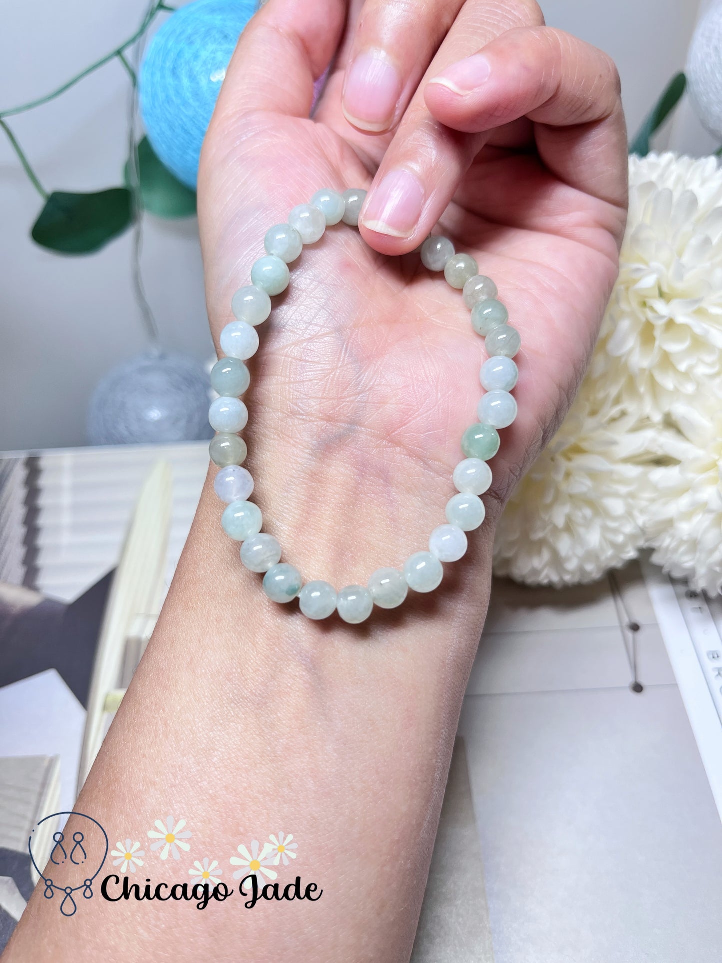 Translucent Icy Moonlight Round Jadeite Jade Feicui Beaded Bracelet Adjustable Stretchable