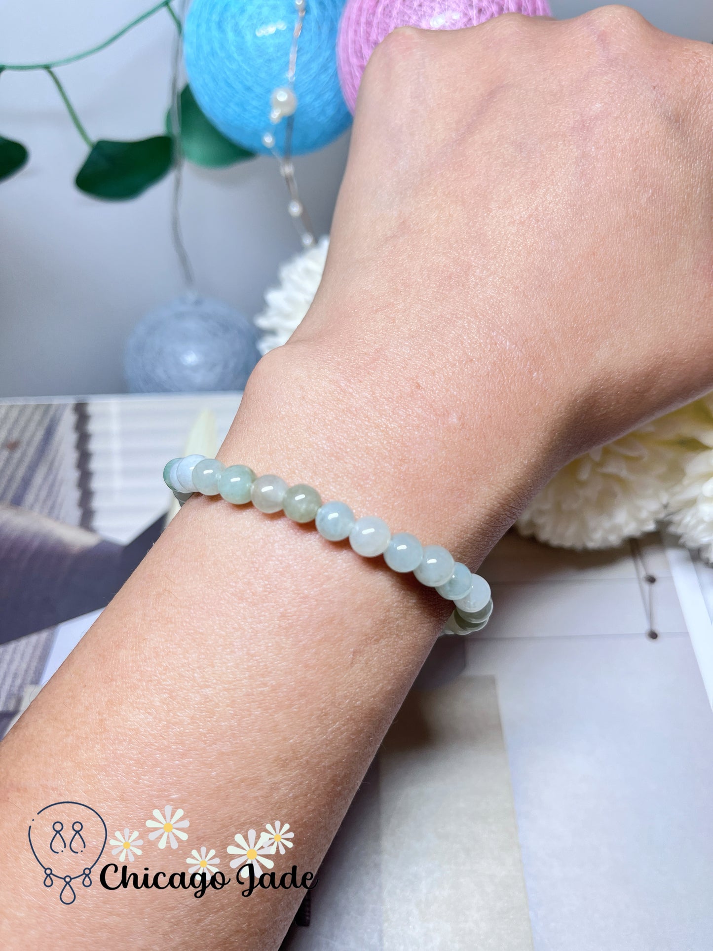 Translucent Icy Moonlight Round Jadeite Jade Feicui Beaded Bracelet Adjustable Stretchable