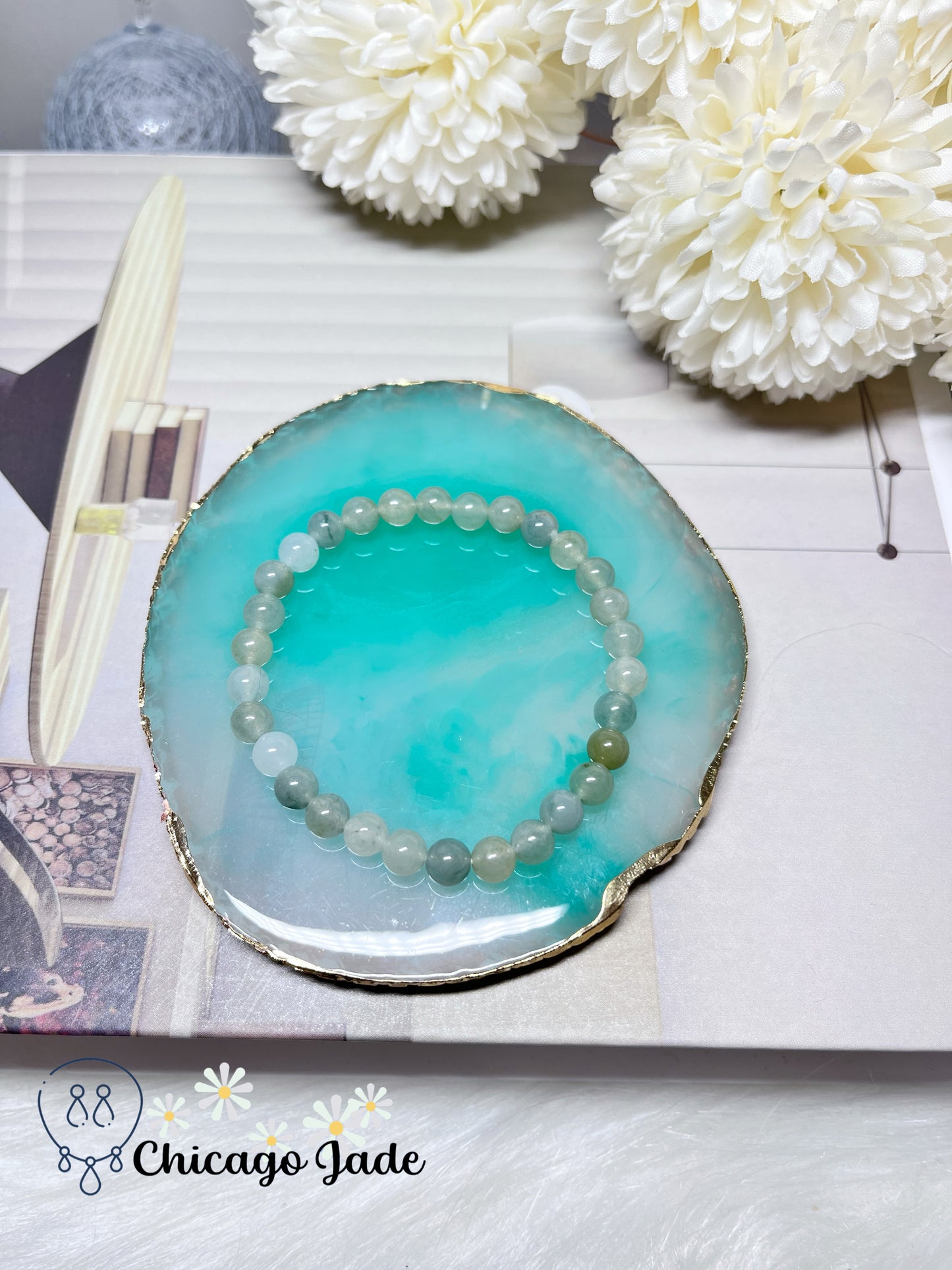 Icy Lavish Green Round Dainty Jadeite Jade Feicui Beaded Bracelet Stretchable