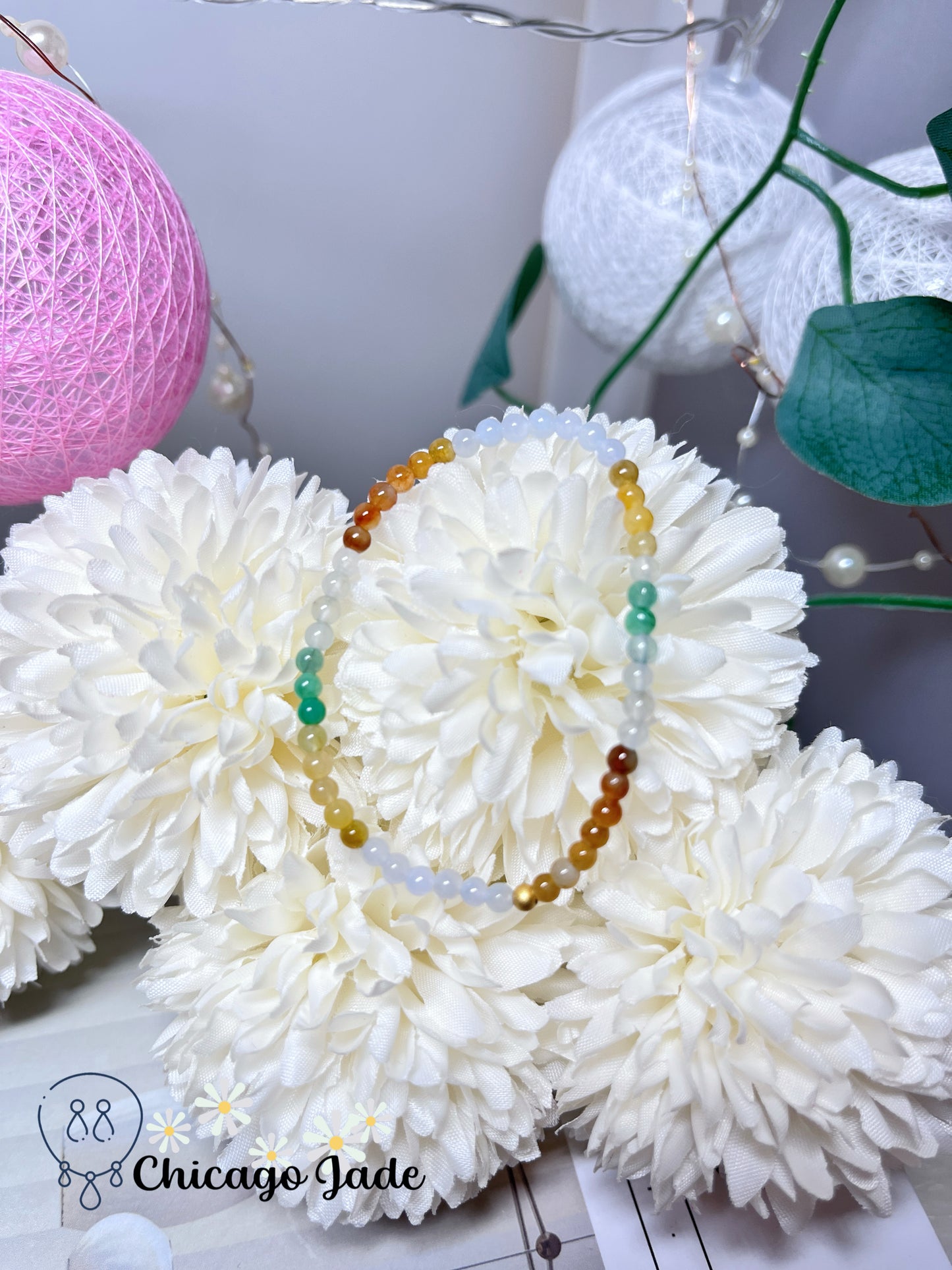 White Orange Yellow Green Rainbow Color Dainty Beaded Bracelets with Sterling Silver Beads Natural Jadeite Jade Feicui Bracelet