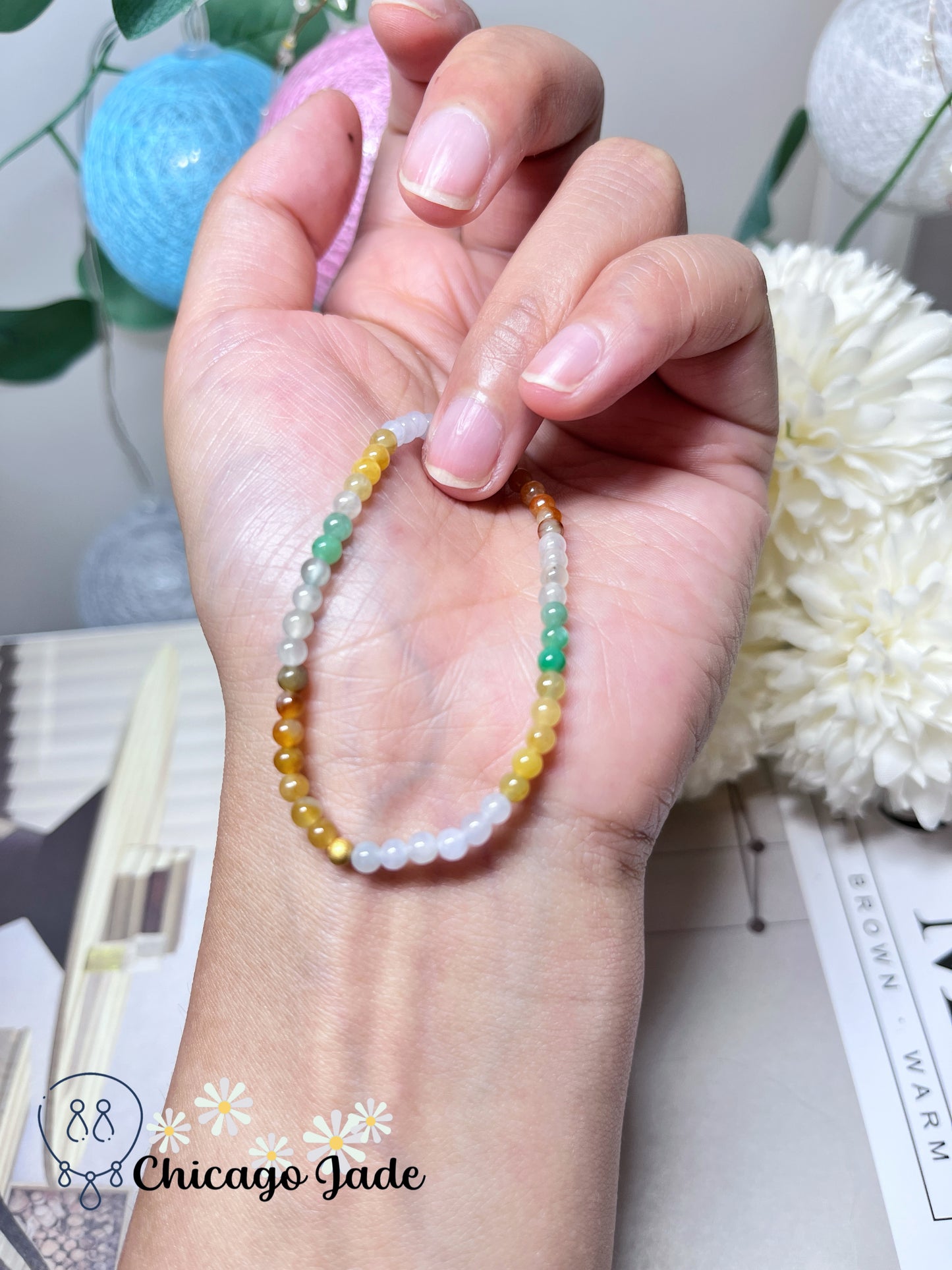 White Orange Yellow Green Rainbow Color Dainty Beaded Bracelets with Sterling Silver Beads Natural Jadeite Jade Feicui Bracelet