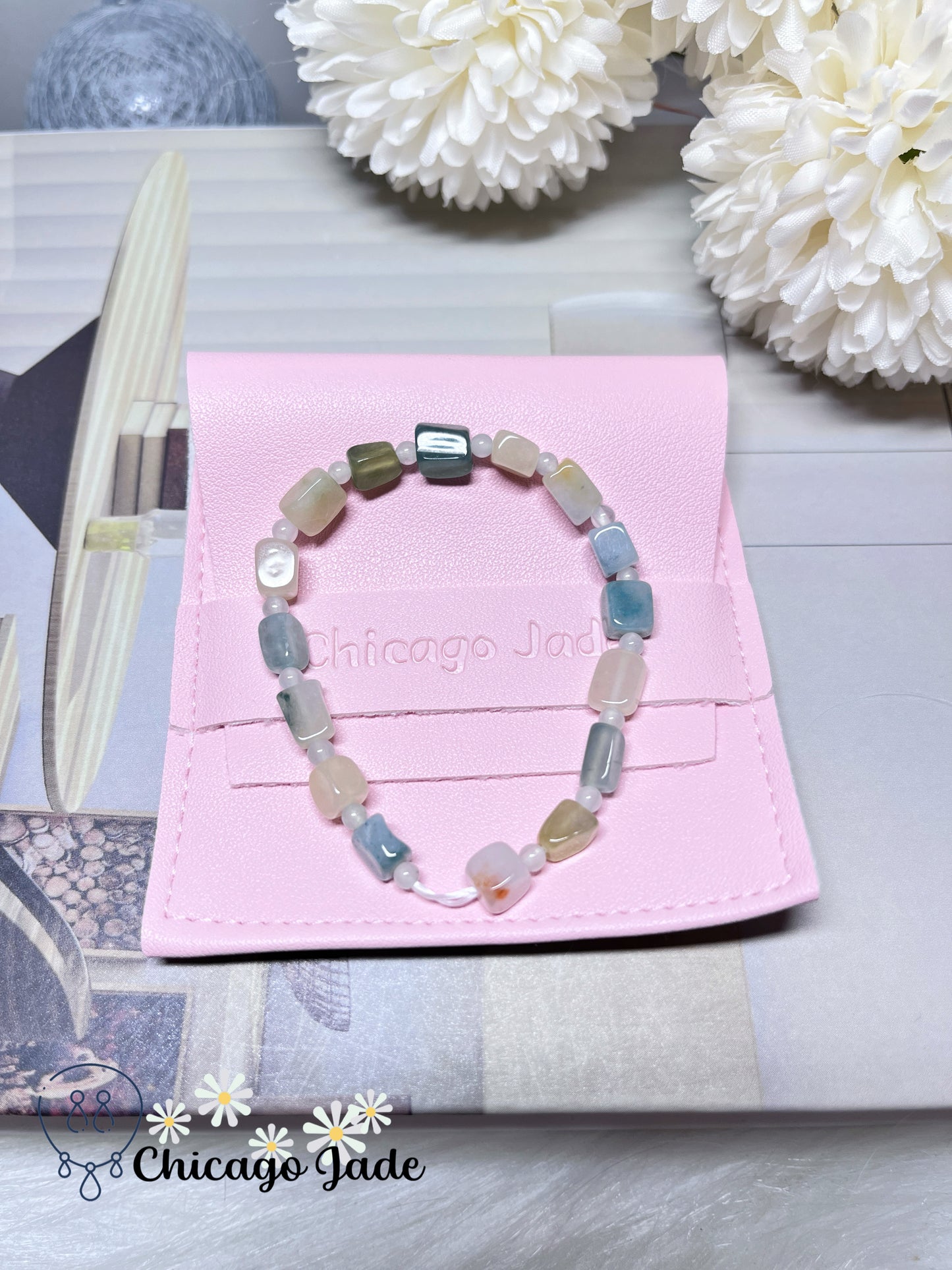 Icy Blue Icy Yellow Cube Jadeite Jade Feicui Beaded Bracelet Stretchable