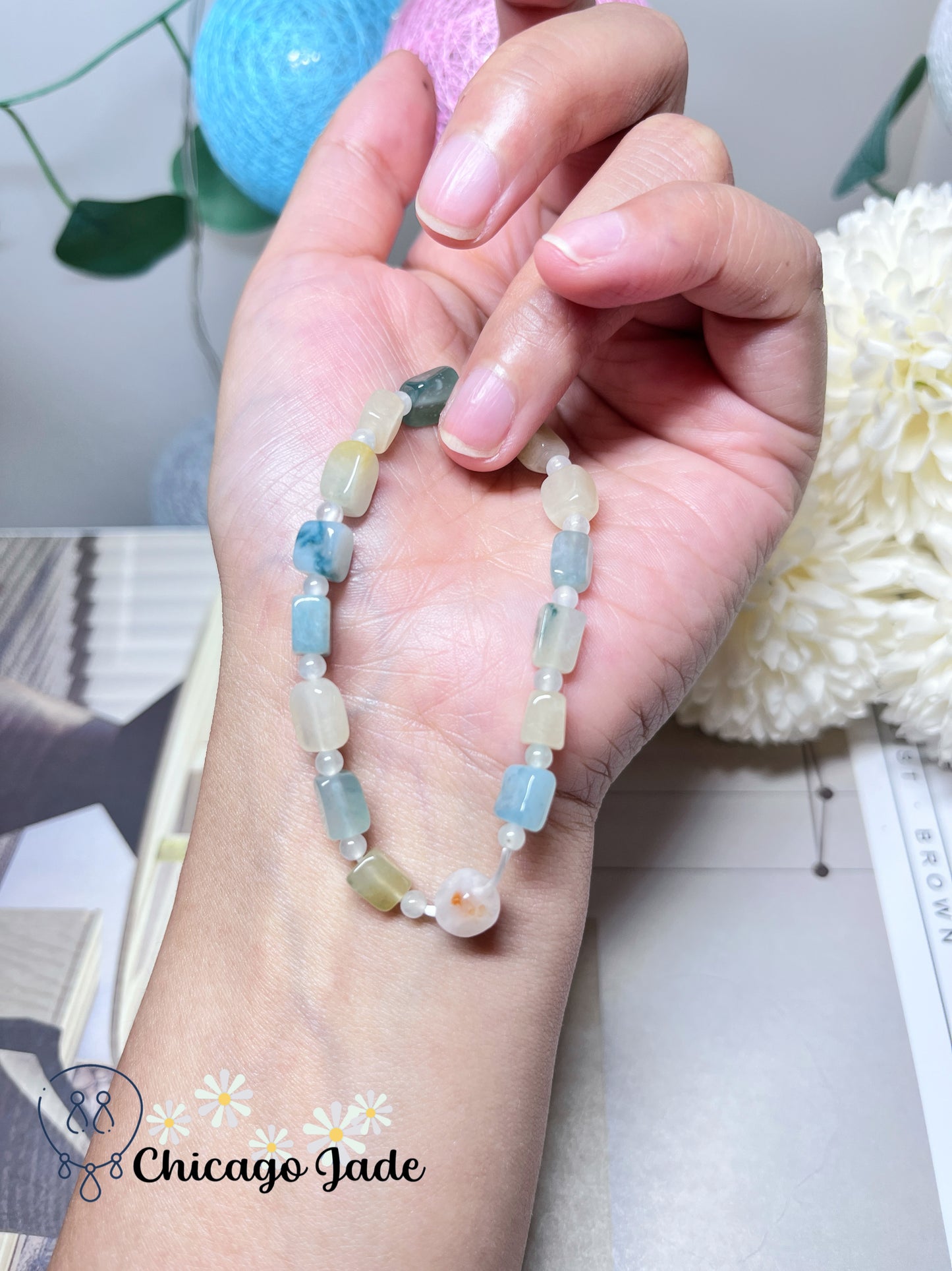 Icy Blue Icy Yellow Cube Jadeite Jade Feicui Beaded Bracelet Stretchable