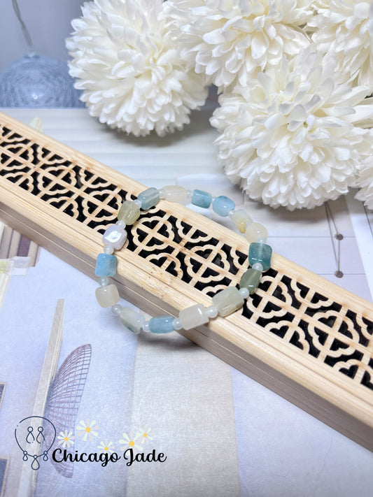 Icy Blue Icy Yellow Cube Jadeite Jade Feicui Beaded Bracelet Stretchable