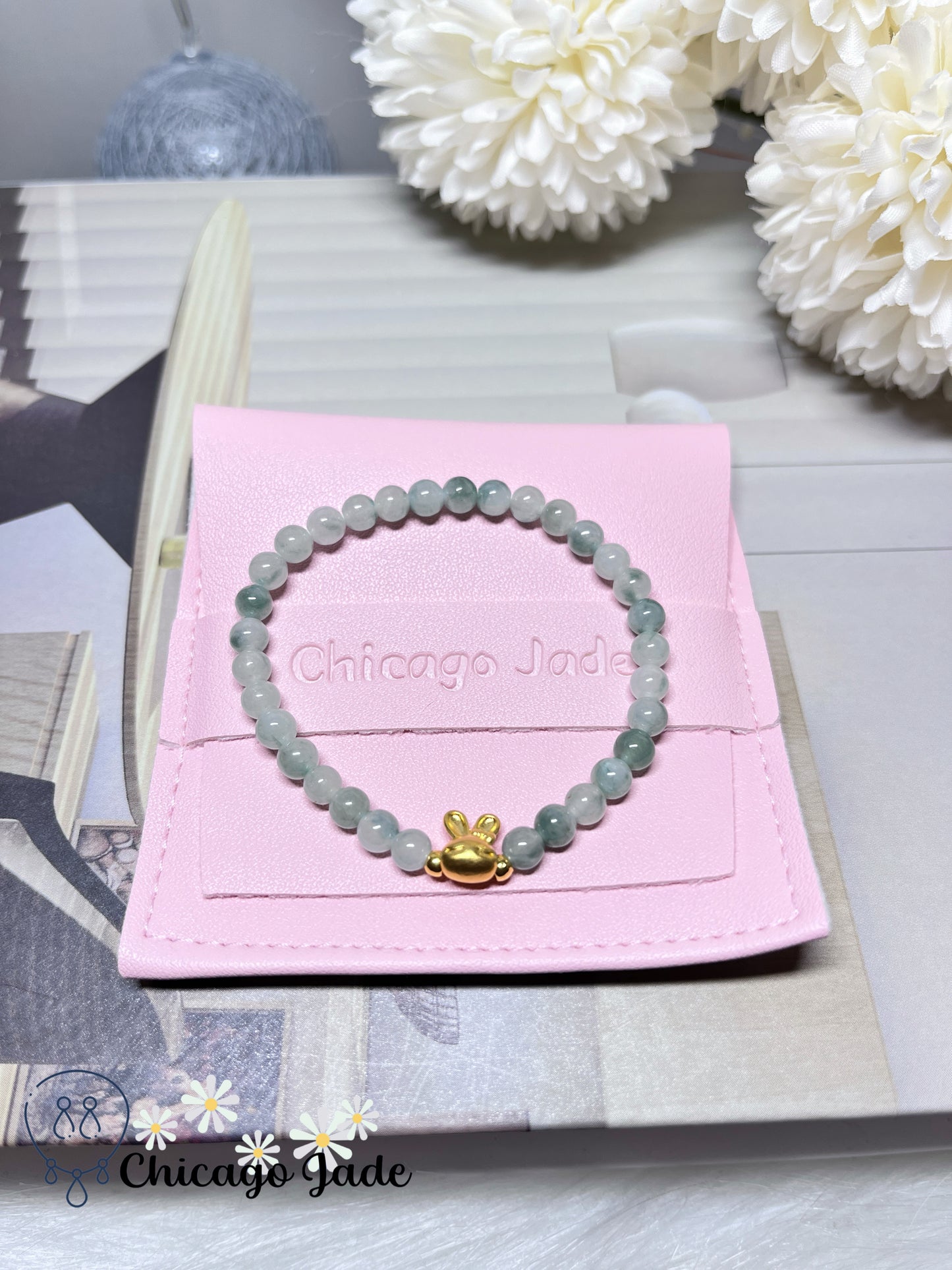 Icy Floating Green Flower Feicui Beads with 999 Solid Gold Rabbit Stretchable Jadeite Jade Bracelet Stretchable