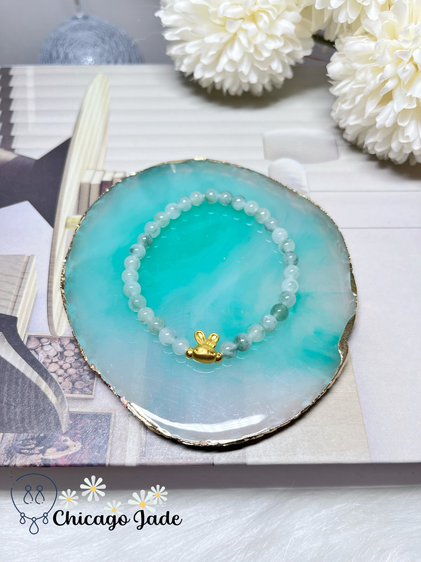 Icy Floating Green Flower Feicui Beads with 999 Solid Gold Rabbit Stretchable Jadeite Jade Bracelet Stretchable