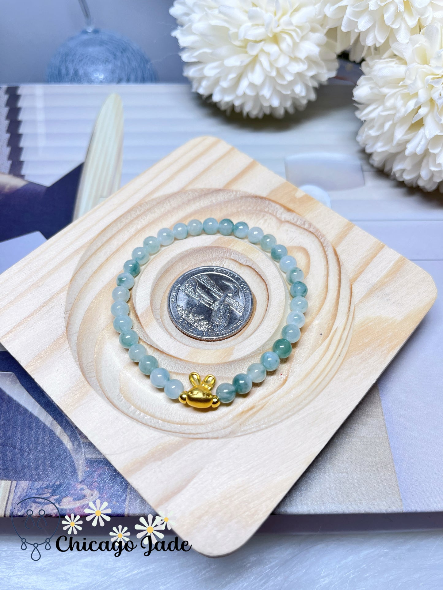 Icy Floating Green Flower Feicui Beads with 999 Solid Gold Rabbit Stretchable Jadeite Jade Bracelet Stretchable