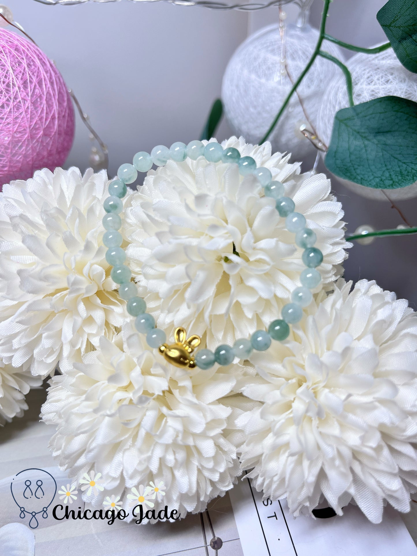 Icy Floating Green Flower Feicui Beads with 999 Solid Gold Rabbit Stretchable Jadeite Jade Bracelet Stretchable