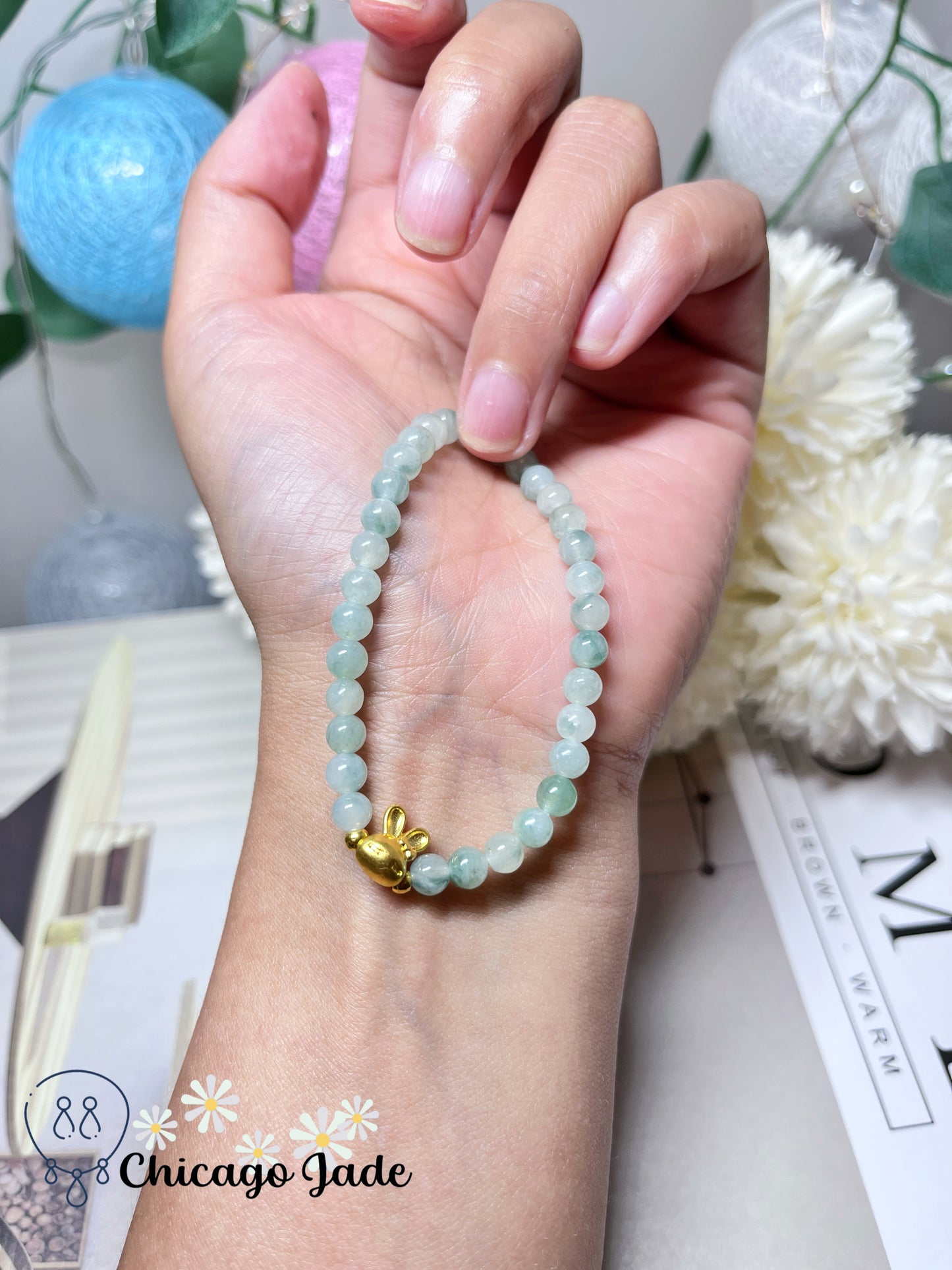 Icy Floating Green Flower Feicui Beads with 999 Solid Gold Rabbit Stretchable Jadeite Jade Bracelet Stretchable