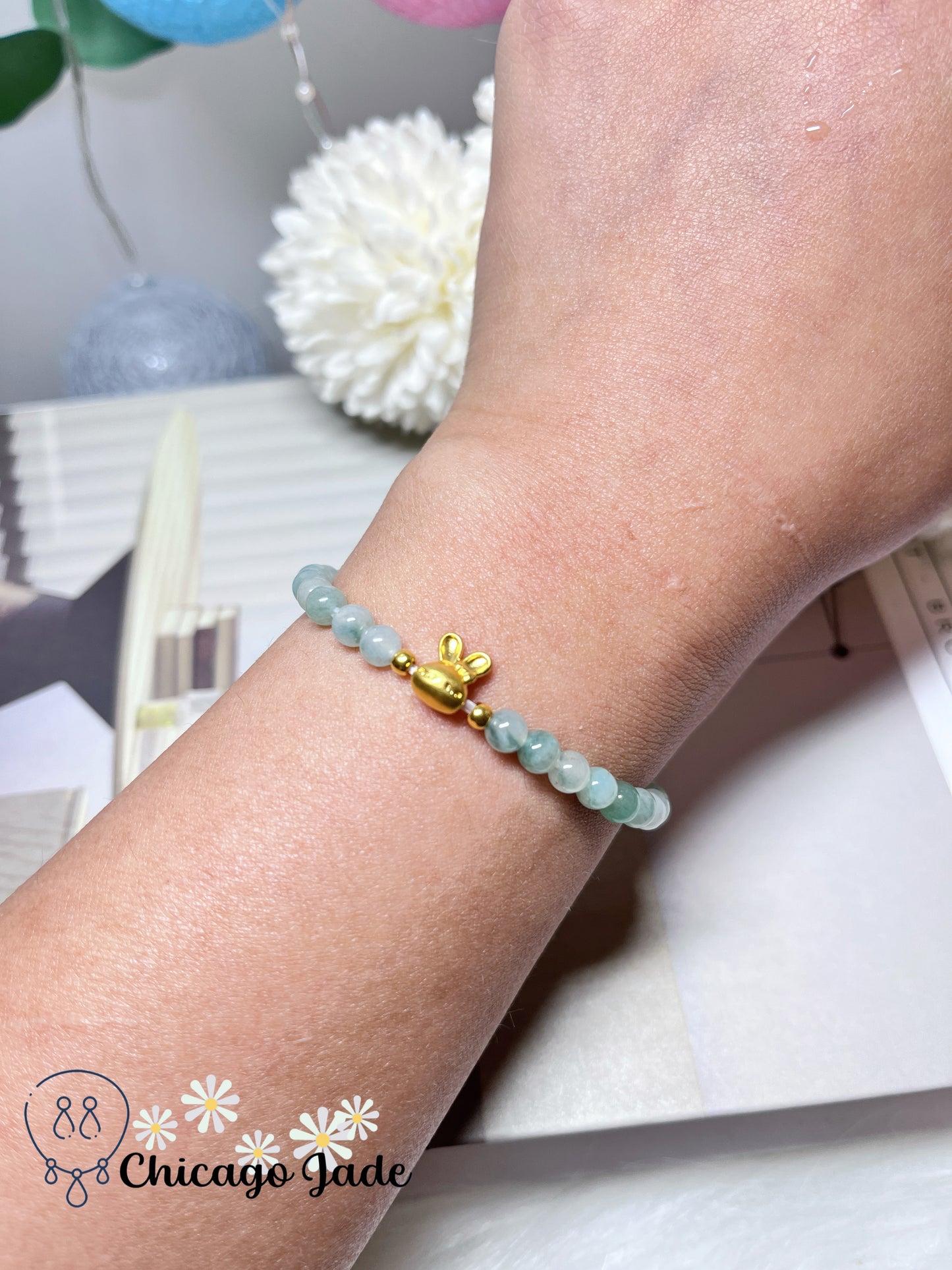 Icy Floating Green Flower Feicui Beads with 999 Solid Gold Rabbit Stretchable Jadeite Jade Bracelet Stretchable