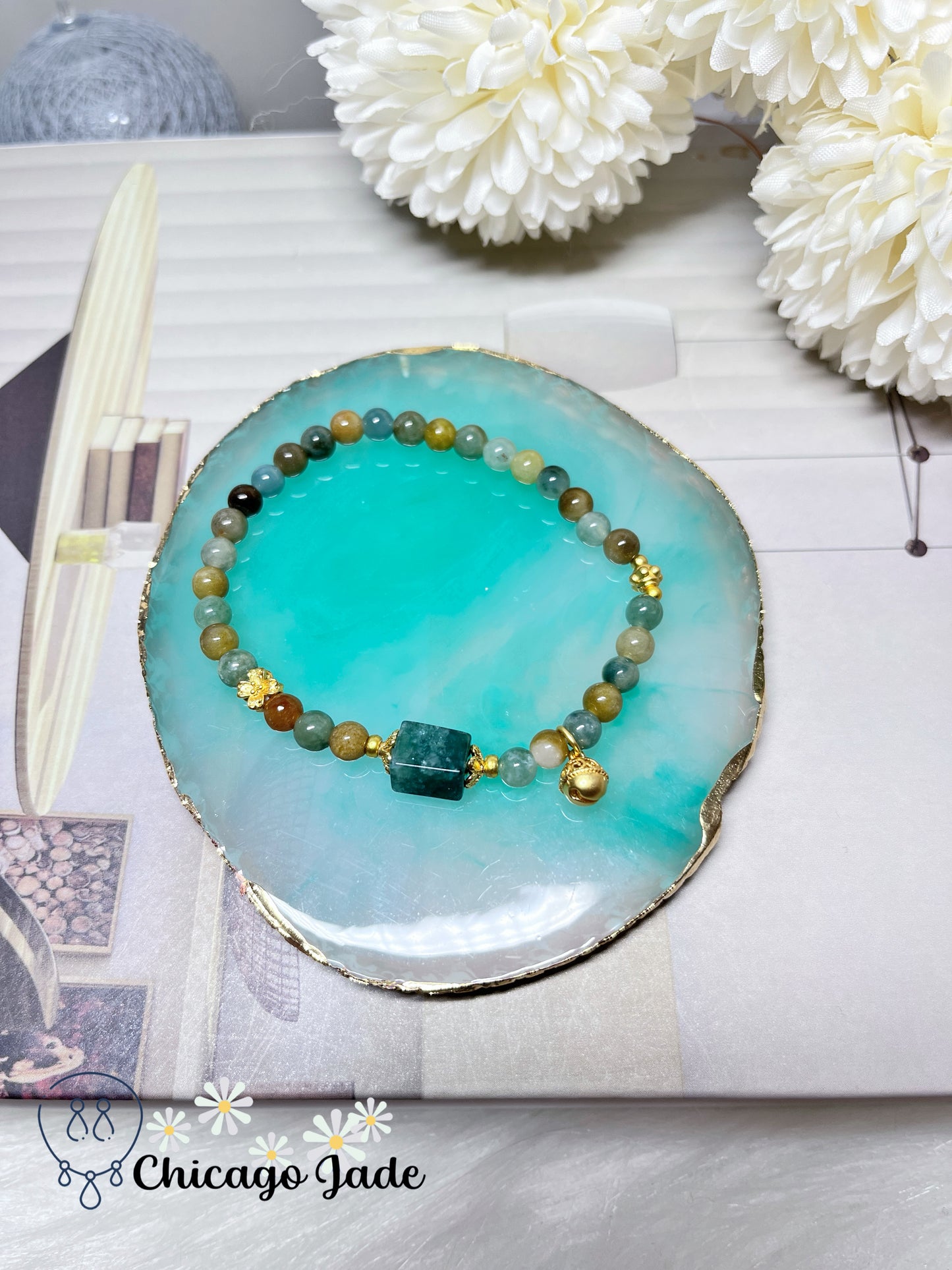 Multi-Color Oil Paining Style Natural Jadeite Jade Burma Feicui Beaded Bracelet Adjustable Handmade Gift Ready