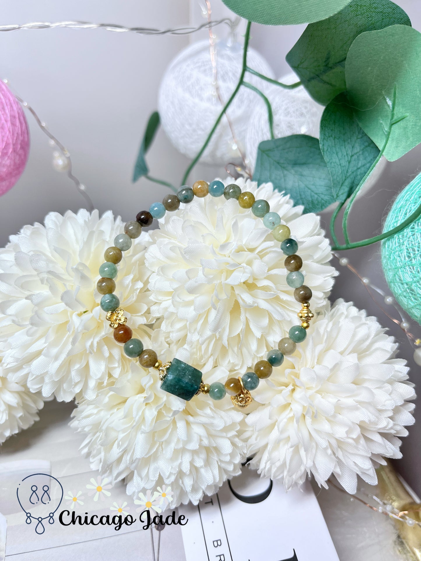 Multi-Color Oil Paining Style Natural Jadeite Jade Burma Feicui Beaded Bracelet Adjustable Handmade Gift Ready