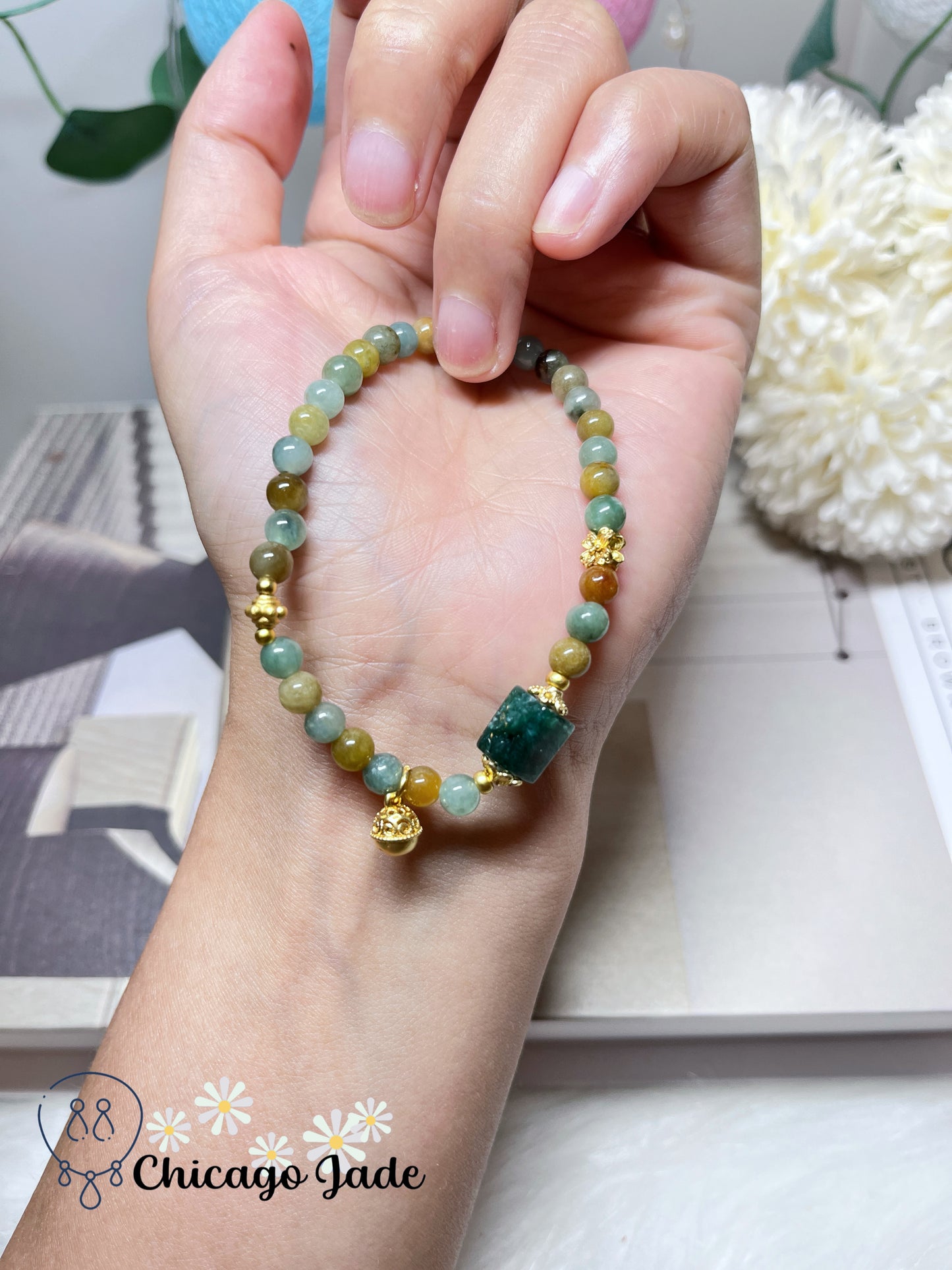 Multi-Color Oil Paining Style Natural Jadeite Jade Burma Feicui Beaded Bracelet Adjustable Handmade Gift Ready