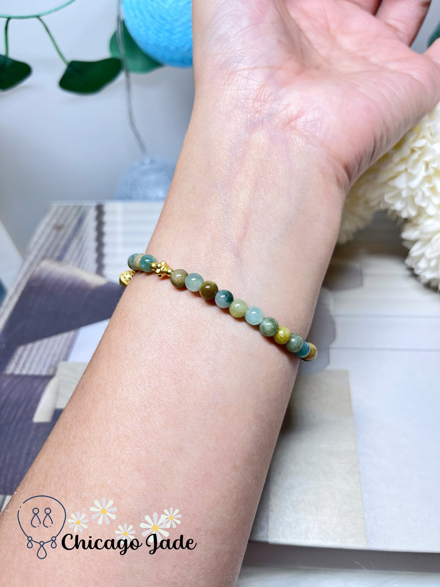 Multi-Color Oil Paining Style Natural Jadeite Jade Burma Feicui Beaded Bracelet Adjustable Handmade Gift Ready