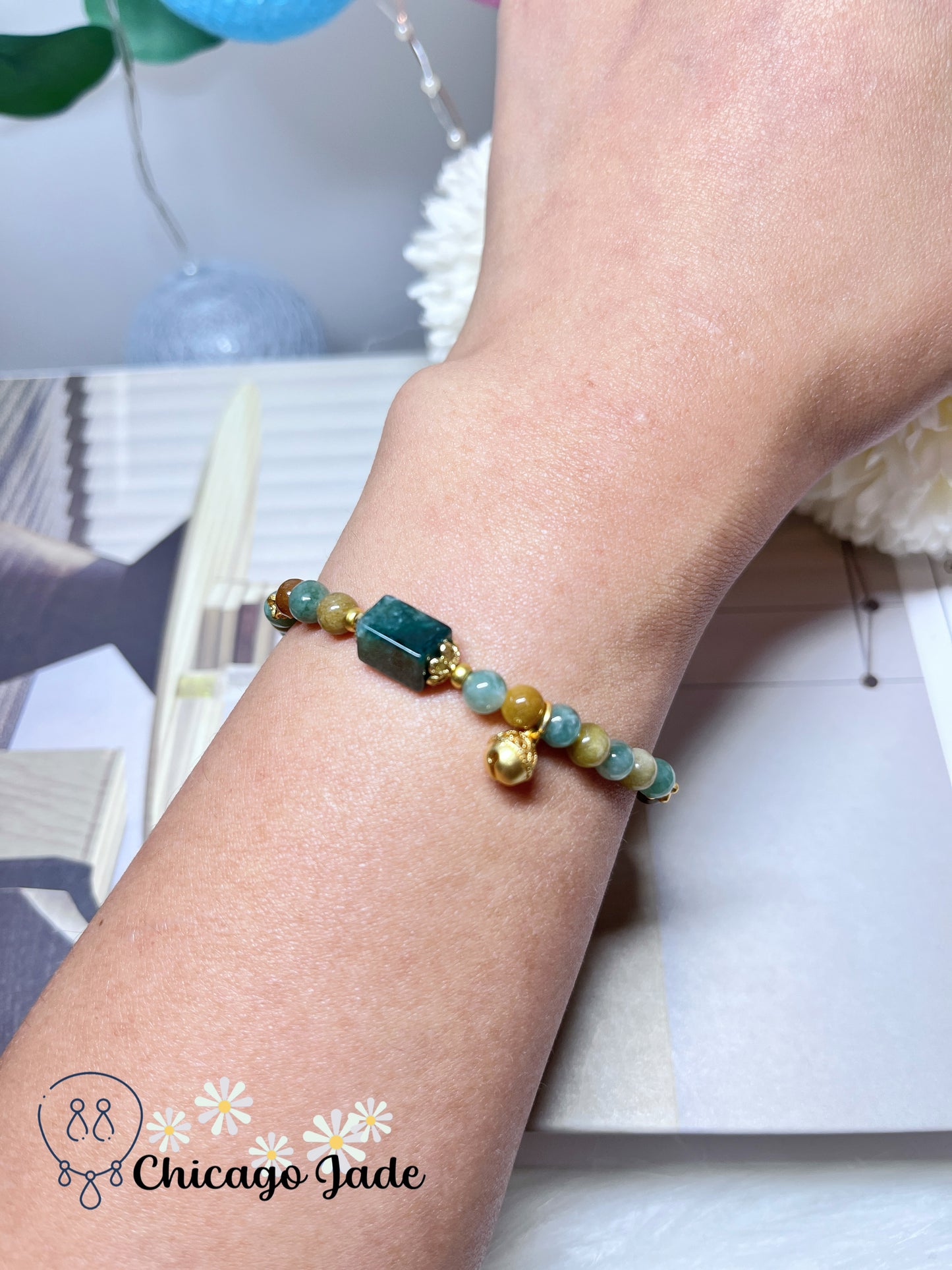 Multi-Color Oil Paining Style Natural Jadeite Jade Burma Feicui Beaded Bracelet Adjustable Handmade Gift Ready