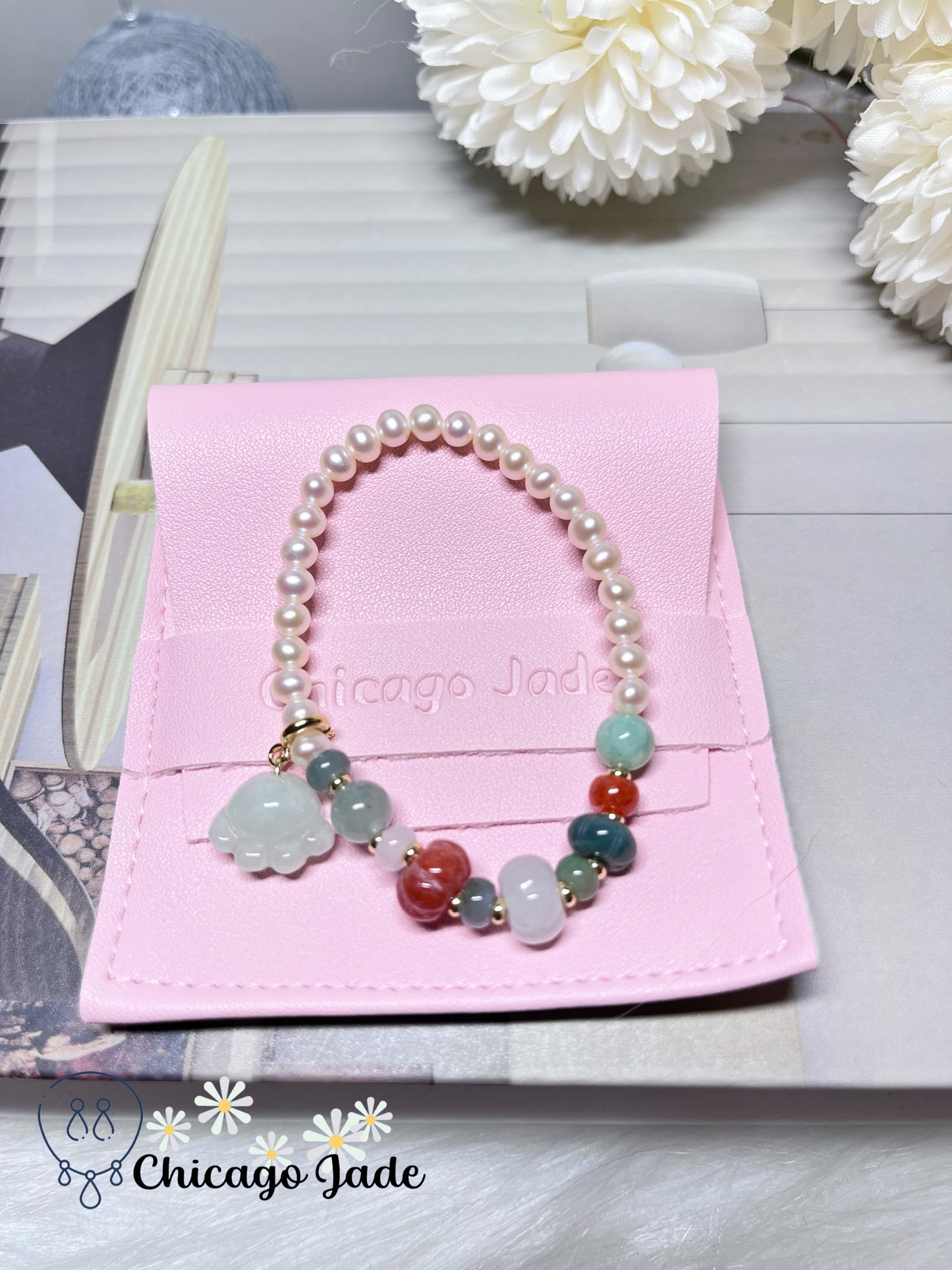 Rainbow Colored Natural Burma Jadeite Jade Feicui Beads with Natural Fresh Pearl Stretchable Bracelet Handmade Gift