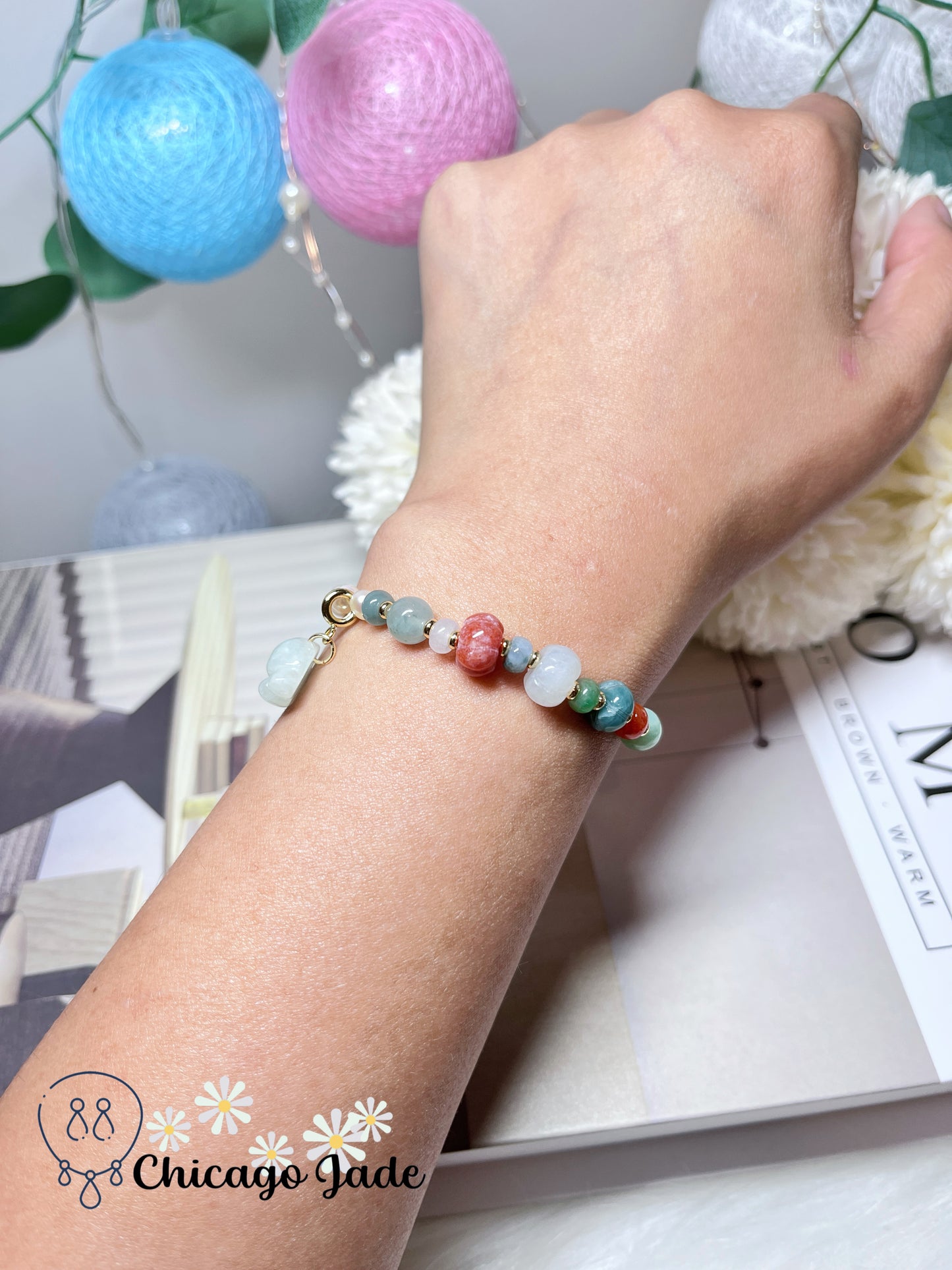 Rainbow Colored Natural Burma Jadeite Jade Feicui Beads with Natural Fresh Pearl Stretchable Bracelet Handmade Gift