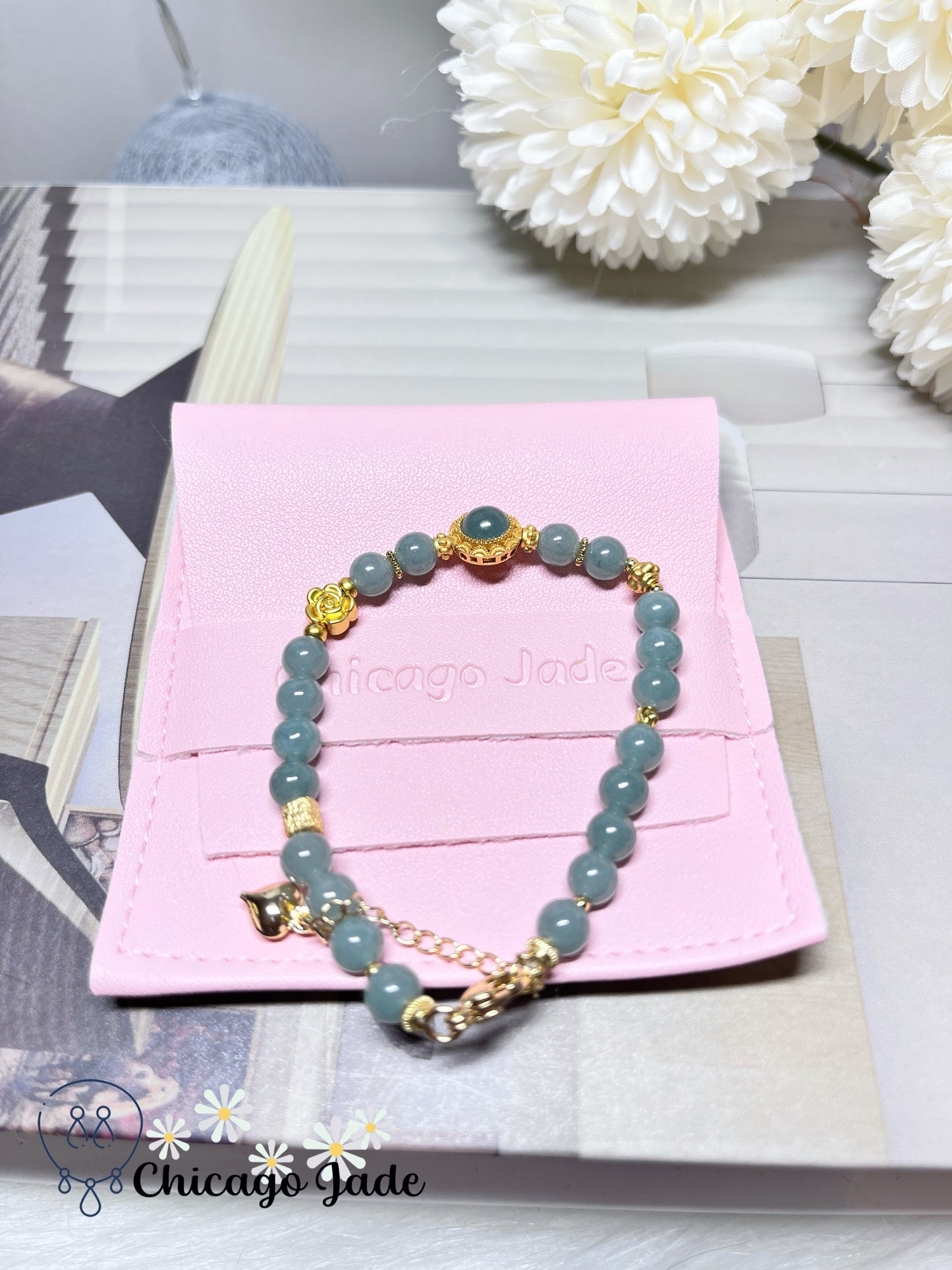 Sky Blue Full Colored Natural Grade A Jadeite Jade Feicui Beaded Bracelet Stretchable Handmade Gift