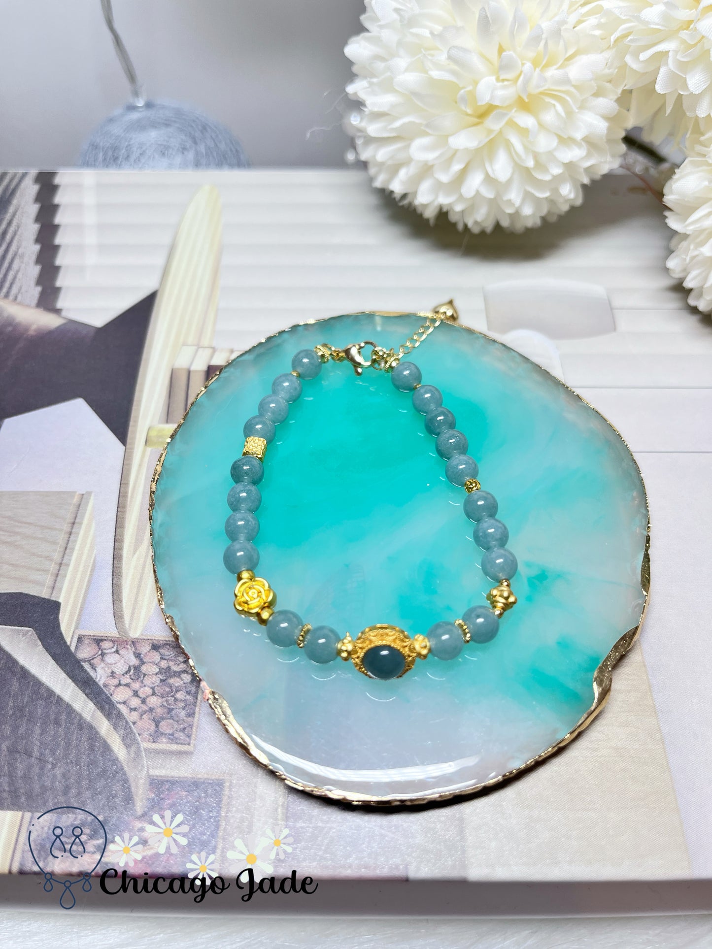 Sky Blue Full Colored Natural Grade A Jadeite Jade Feicui Beaded Bracelet Stretchable Handmade Gift