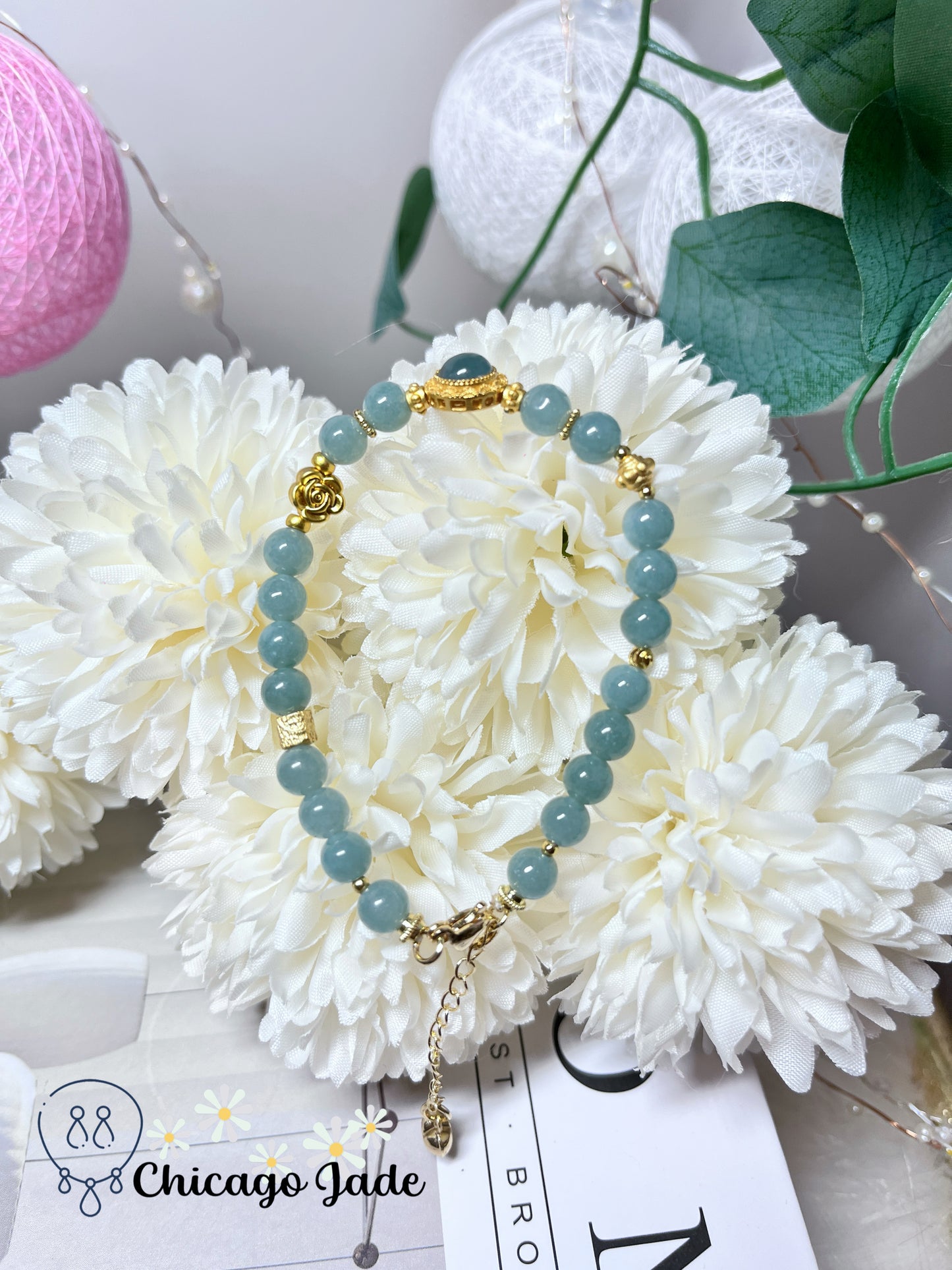 Sky Blue Full Colored Natural Grade A Jadeite Jade Feicui Beaded Bracelet Stretchable Handmade Gift