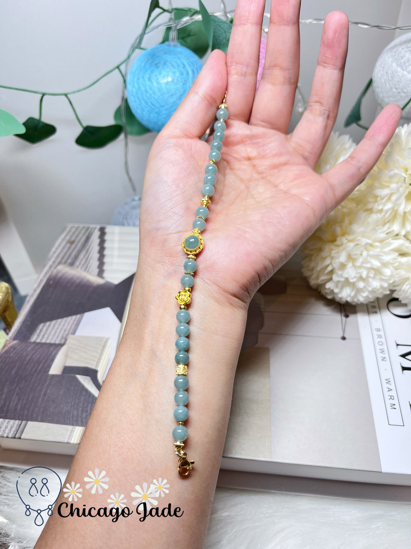 Sky Blue Full Colored Natural Grade A Jadeite Jade Feicui Beaded Bracelet Stretchable Handmade Gift