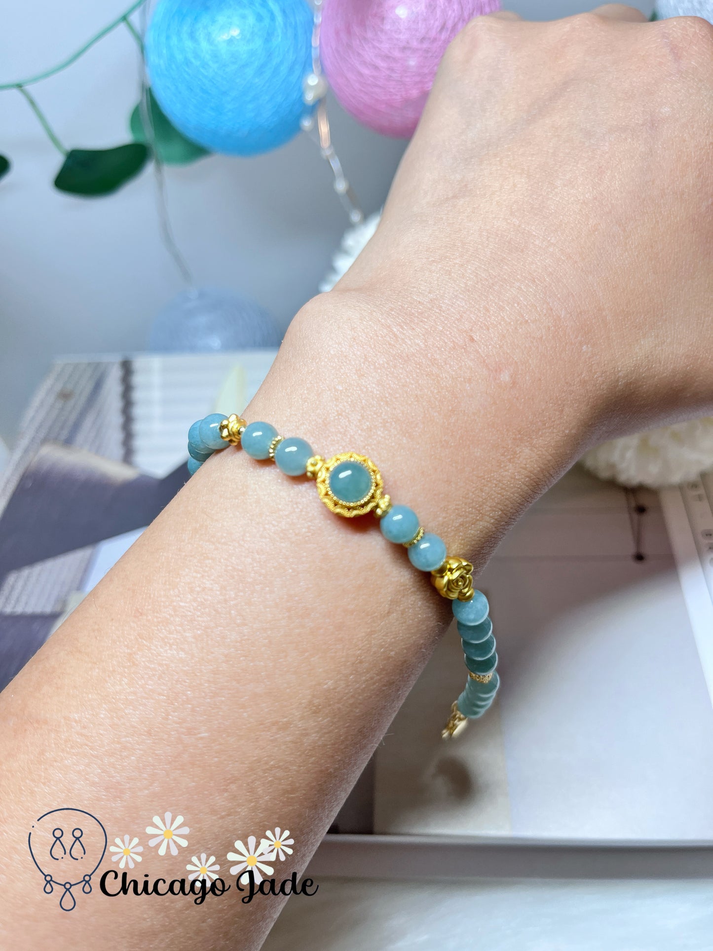 Sky Blue Full Colored Natural Grade A Jadeite Jade Feicui Beaded Bracelet Stretchable Handmade Gift