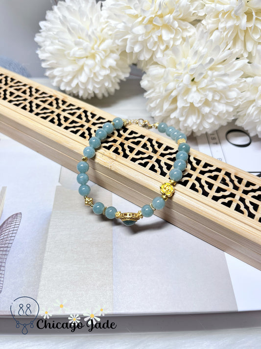 Sky Blue Full Colored Natural Grade A Jadeite Jade Feicui Beaded Bracelet Stretchable Handmade Gift