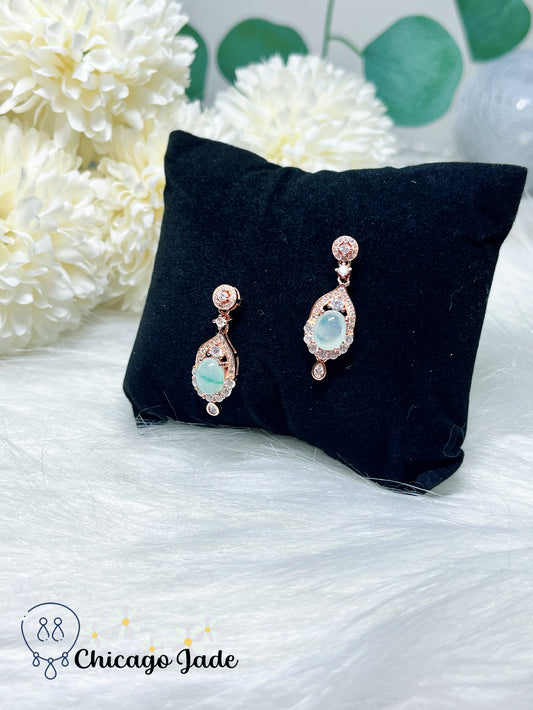 Drop Earring Designer 18K Rose Gold Plated Sterling Silver Earring with Authentic Burma Jadeite Jade Feicui Stone