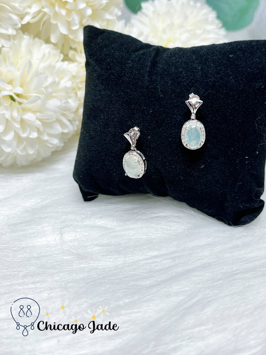 Icy Oval Natural Jadeite Jade Feicui on Sterling Silver S925 Drop Earring Authentic Burma