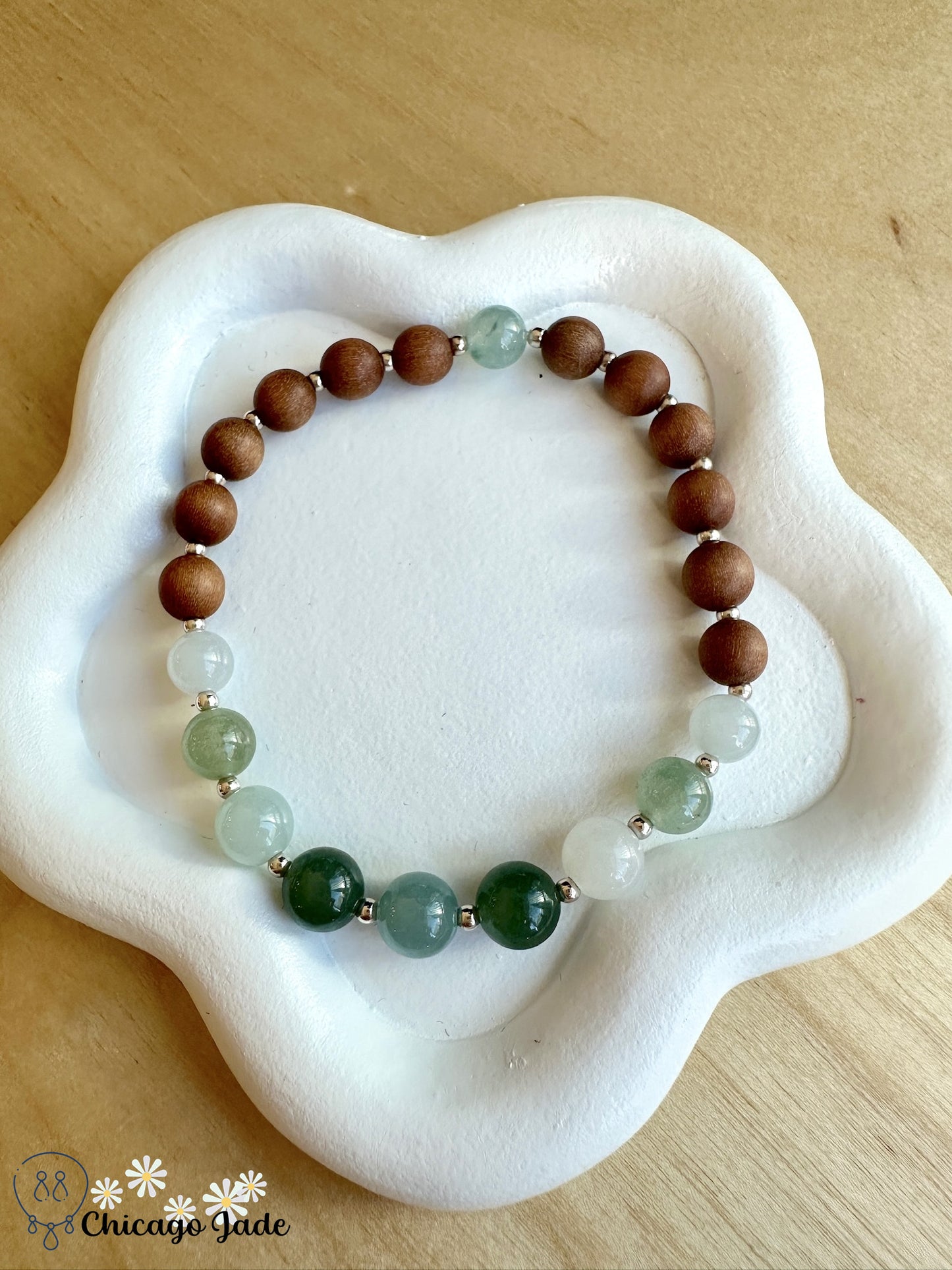 Bluish green jadeite beaded bracelet with wood