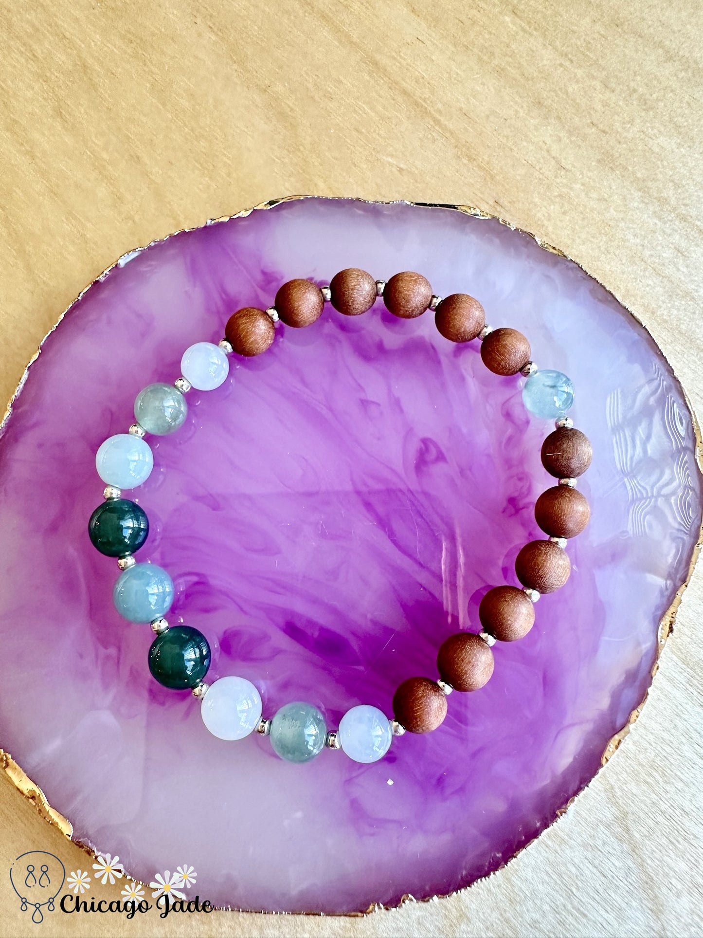 Bluish green jadeite beaded bracelet with wood