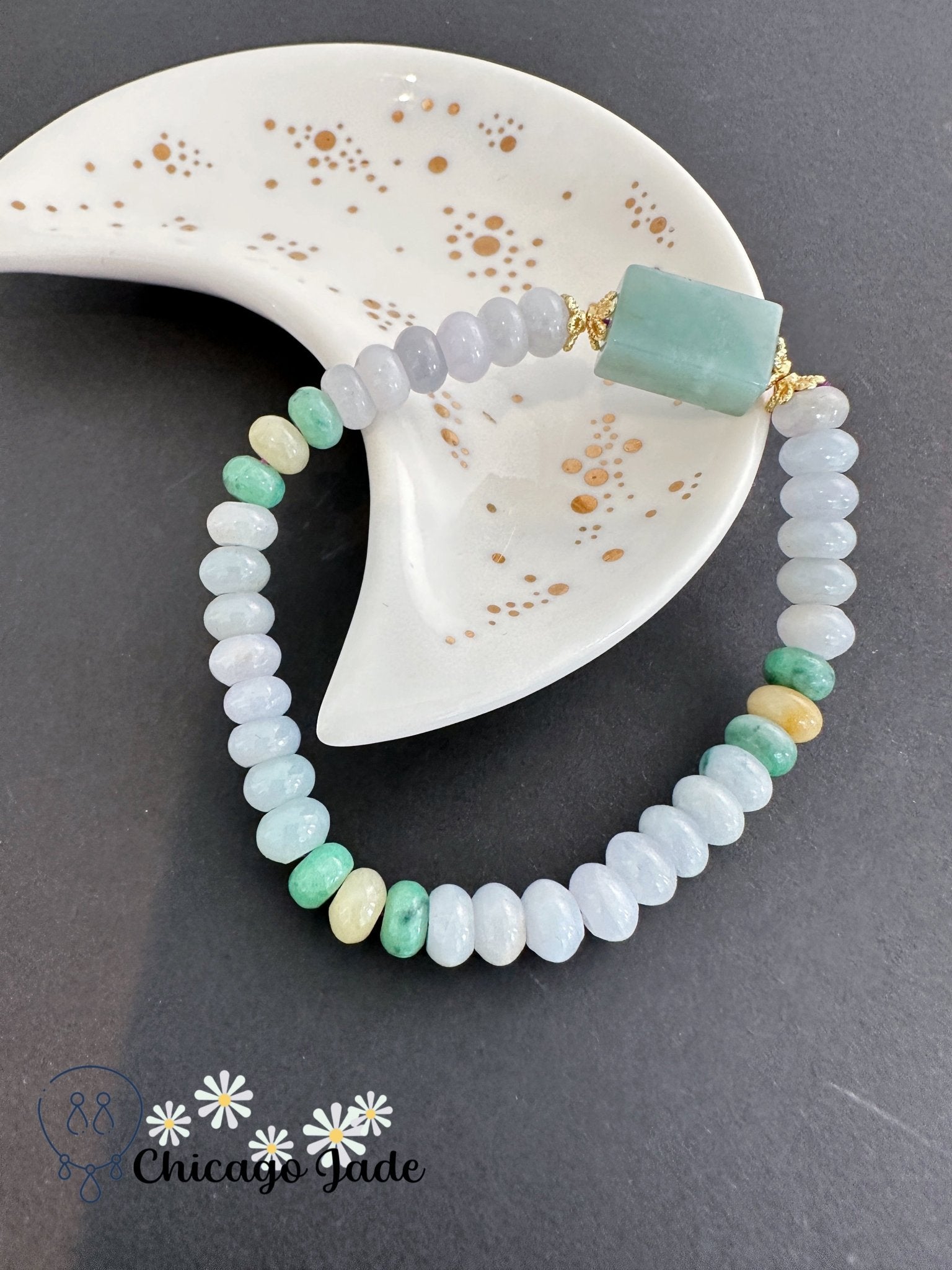 Donuts shaped beaded jadeite jade stone with large cubic center stone - Chicago Jadeanniversarybeadedbirthday giftChicago Jade