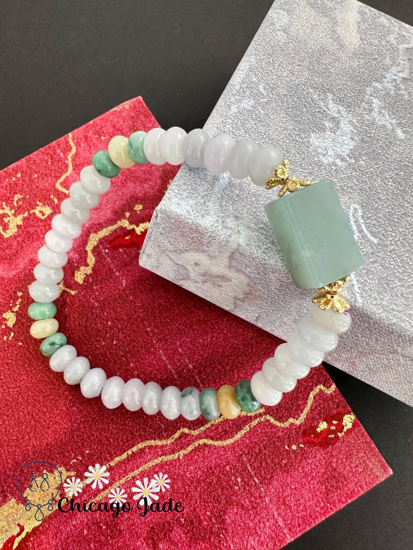 Donuts shaped beaded jadeite jade stone with large cubic center stone - Chicago Jadeanniversarybeadedbirthday giftChicago Jade