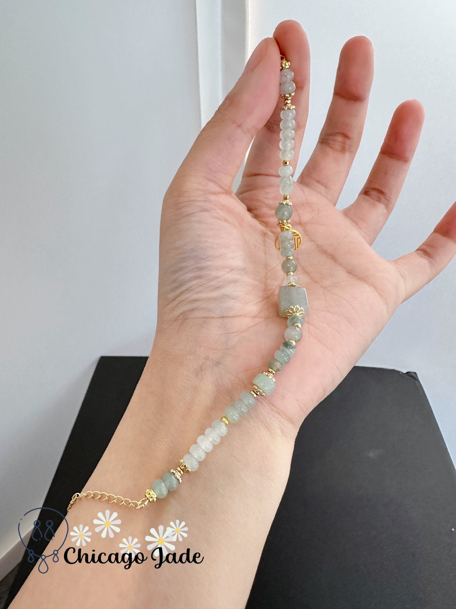 Finely polished light green and white jadeite jade beaded bracelet - Chicago Jadeanniversarybeadedbirthday giftChicago Jade